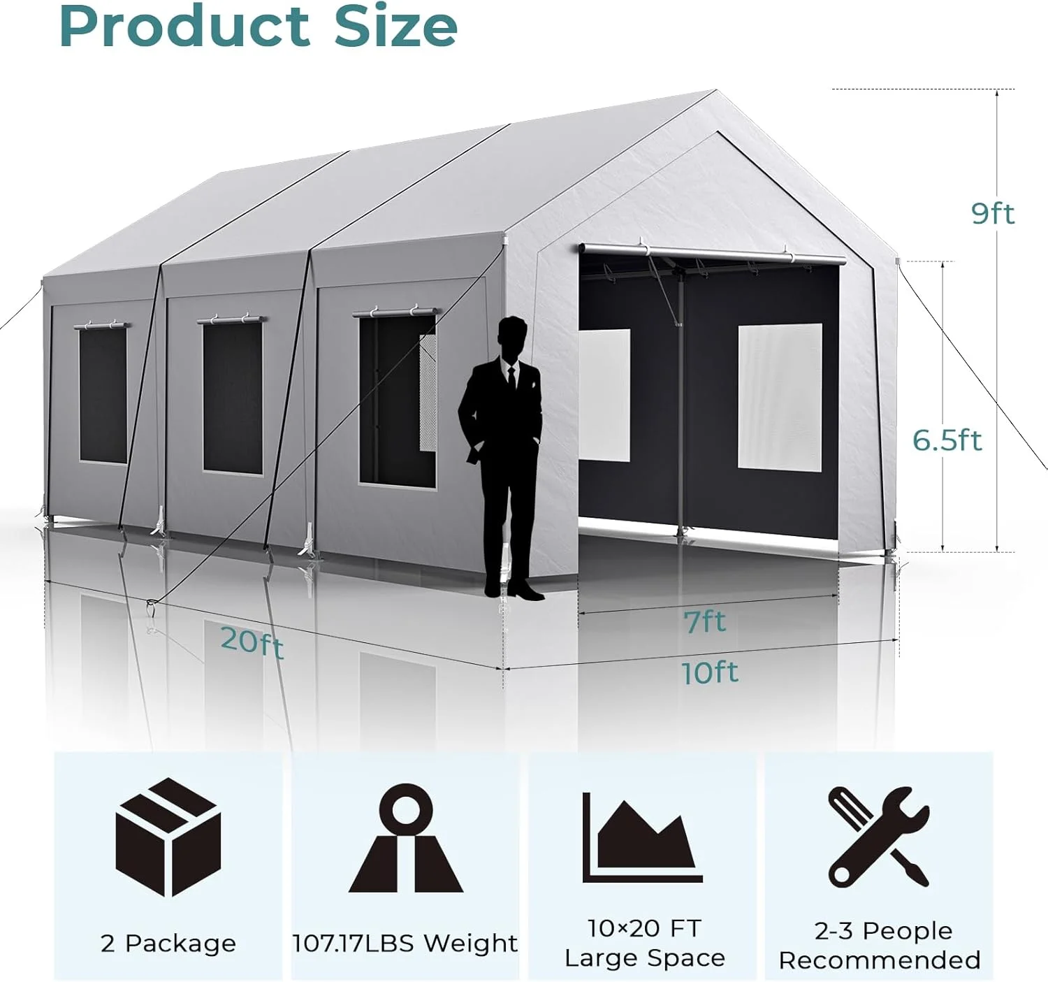 Vitarpatio Carport, 10x20 ft Heavy Duty Car Port Canopy with 6 Roll-up Windows, Reinforced Metal Carport Portable Garage Waterproof Car Tent with Removable Sidewalls & Door - Image 6