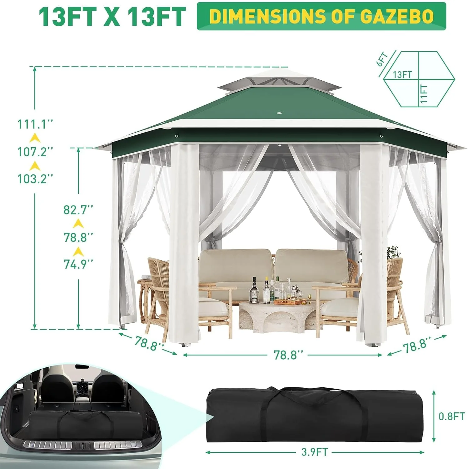 13x13 Gazebo Outdoor Canopy Shelter,Instant Patio Gazebo Sun Shade Canopy Tent with 6 Zippered Mesh Netting and Strong Steel Frame for Lawn,Garden,Backyard,Deck Party - Image 6
