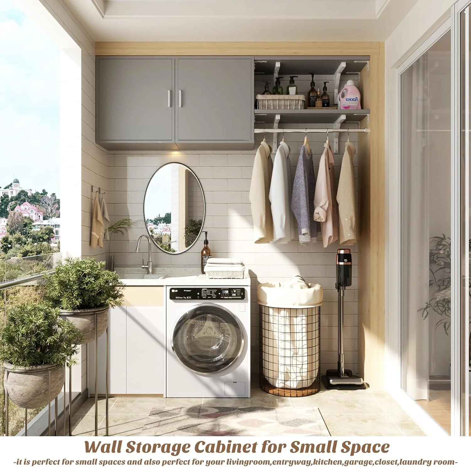 Homieasy Wall Mounted Cabinet with Hanging Rod, 65'' Wide Laundry Cabinet with 2 Shelves and Doors, Reversible, Small Storage Cabinet for Laundry, Bedroom, 300+ LBS Weight Capacity, White - Image 14