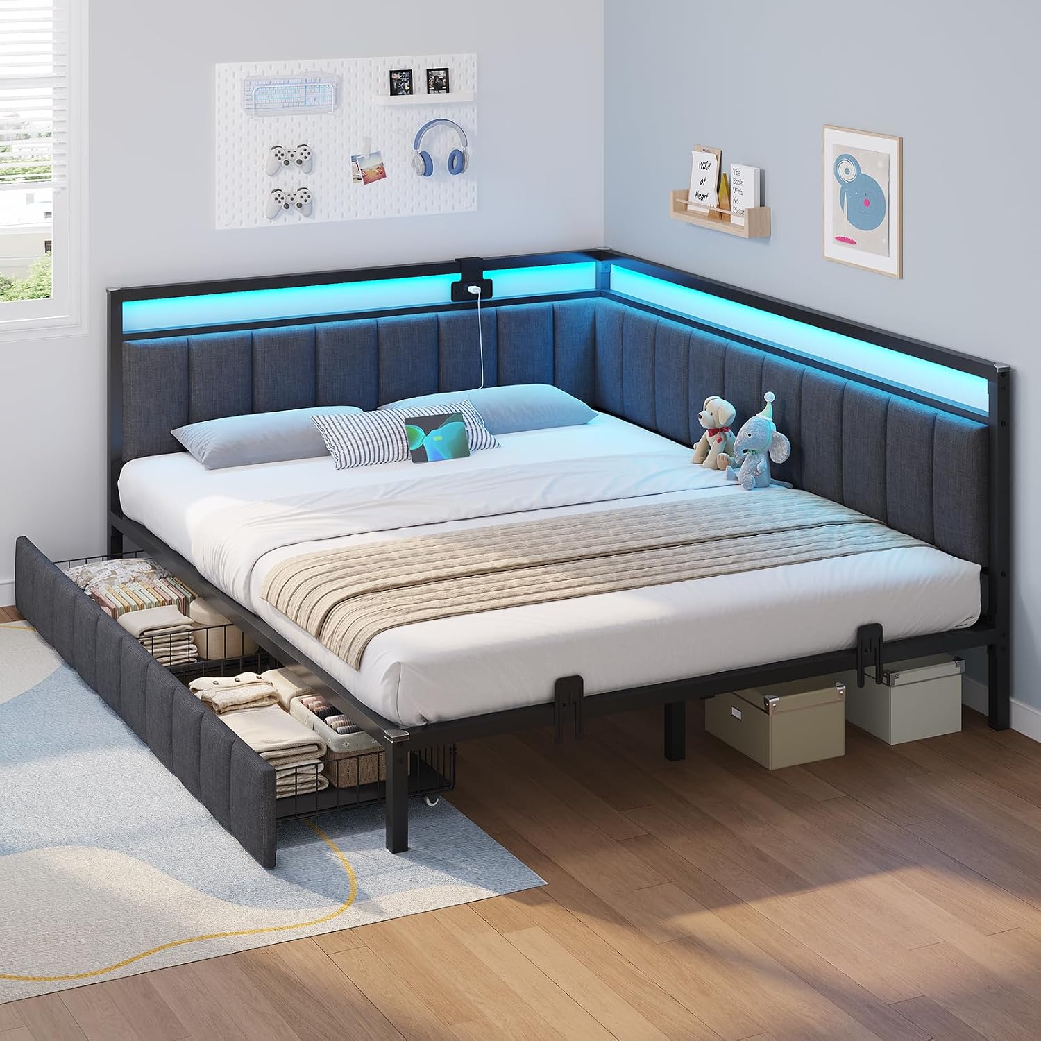 Corner Bed Frame with Storage Drawers, Twin Daybed with Line Fabric Upholstered Fence, Kids Bed Unit with LED Light and Charging Station, Modern Bed Frame Twin Size, Beige - Image 9