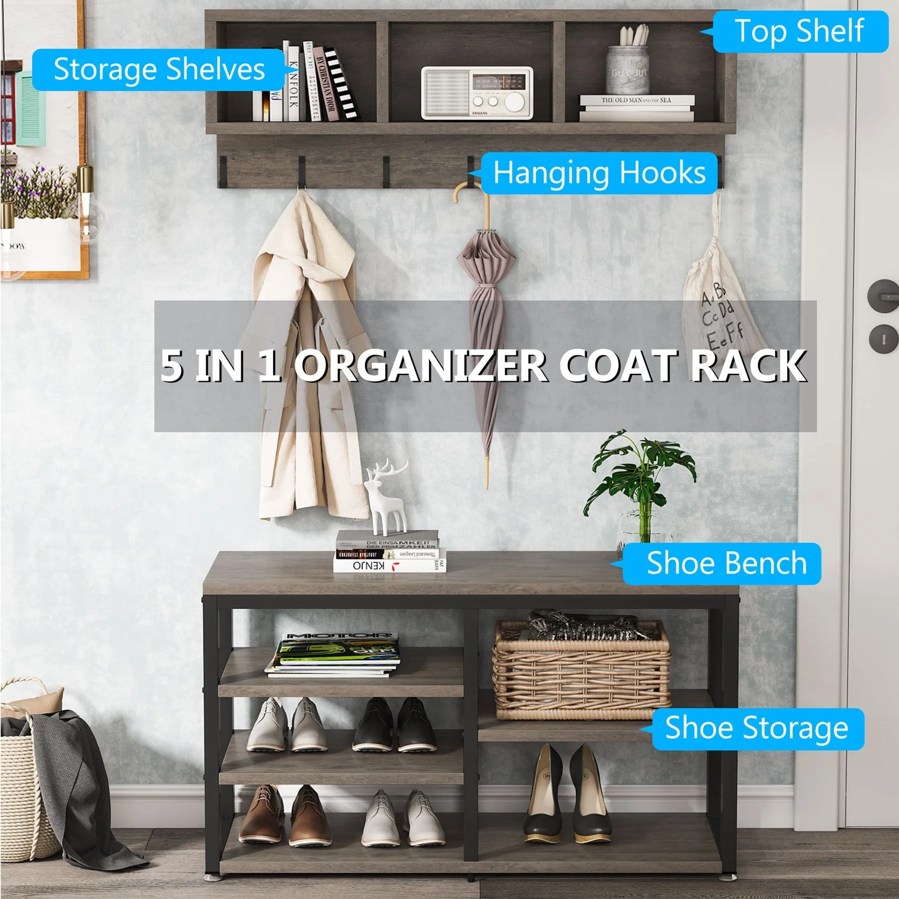 Entryway Coat Rack and Shoe Bench Set, Industrial Hall Tree with Coat and Shoe Storage - Image 26