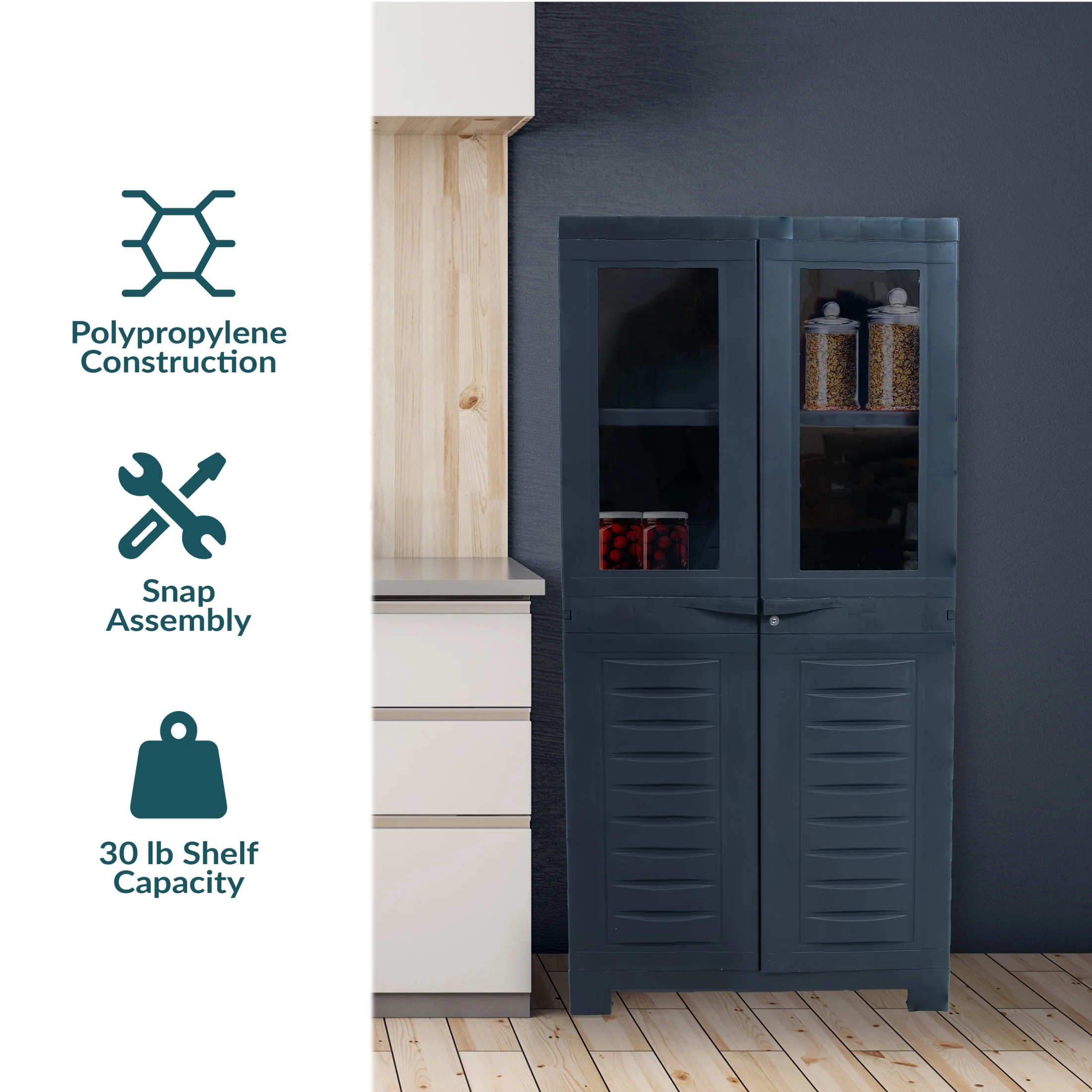 Sunnydaze Lockable Adjustable 48.75" Plastic 3-Shelf Freestanding Garage Storage Cabinet, Charcoal - Image 3