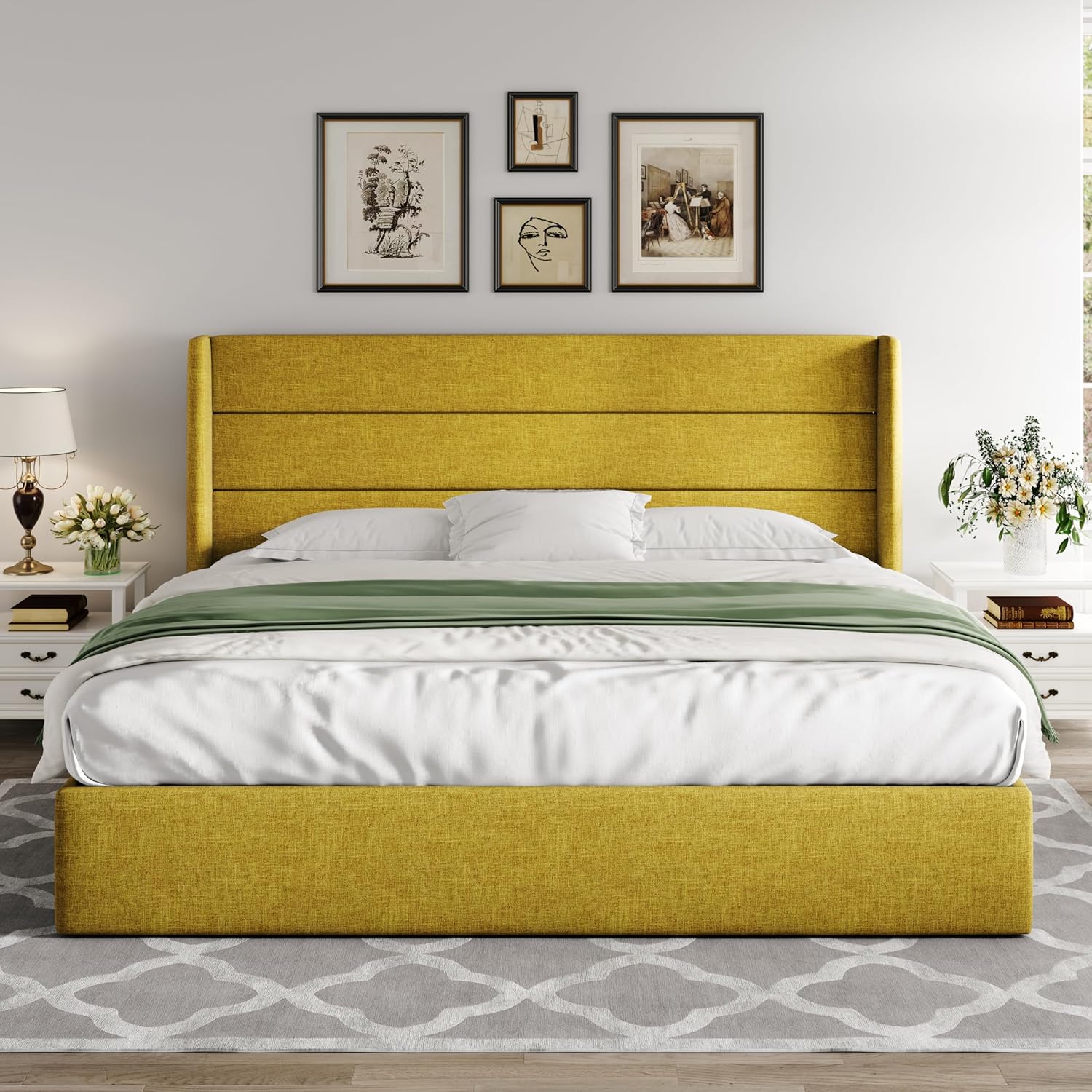 Queen Size Lift Up Storage Bed with Wingback Headboard, Upholstered Platform Bed Frame with Hidden Storage - Image 104