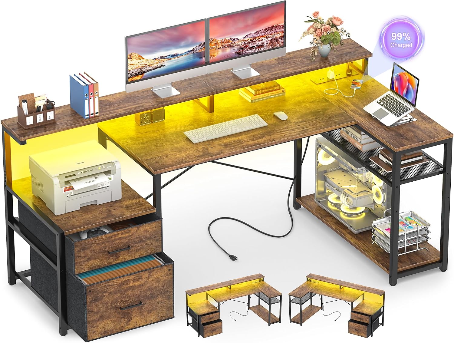 L Shaped Desk with File Drawer, Reversible L Shaped Gaming Desk - Image 3