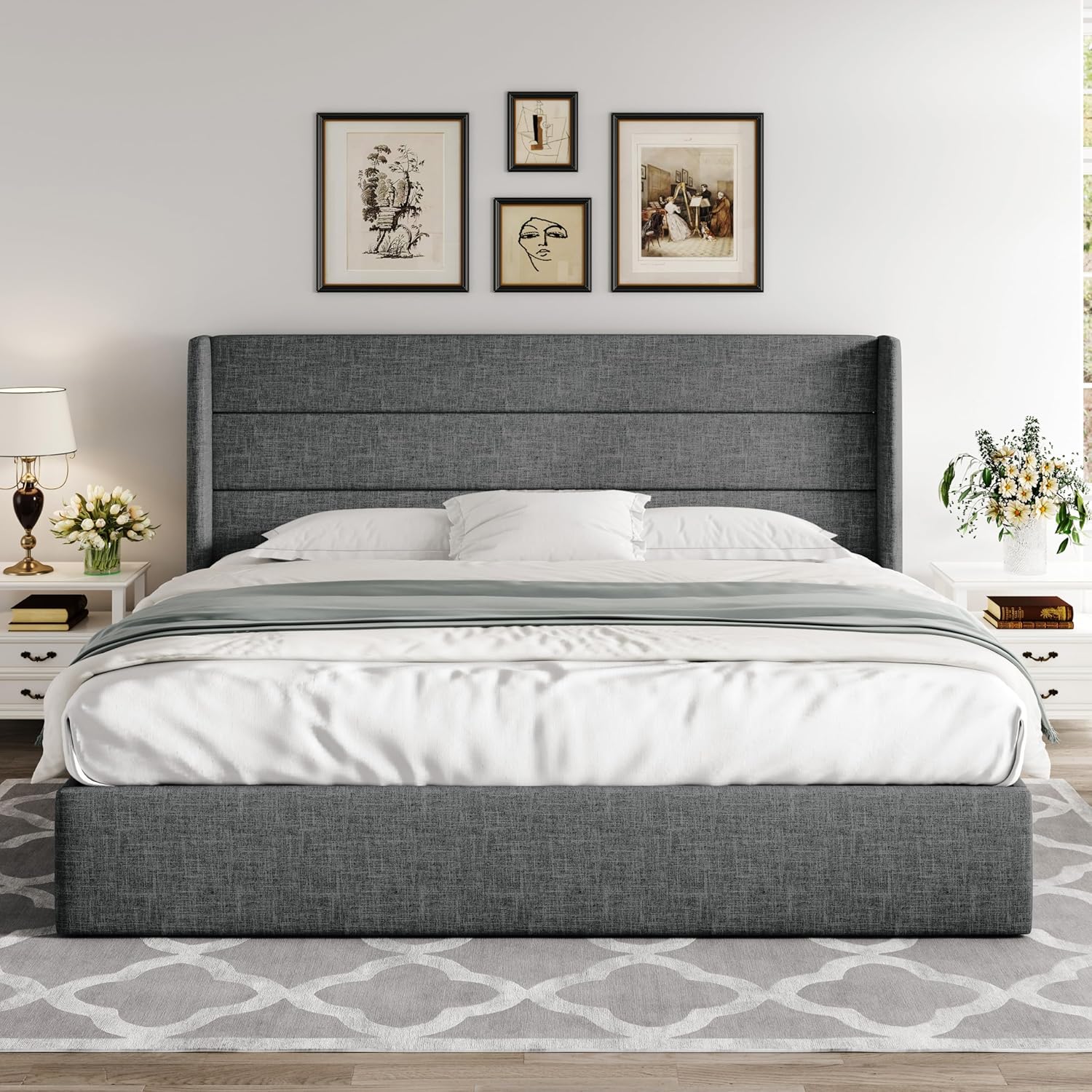 Queen Size Lift Up Storage Bed with Wingback Headboard, Upholstered Platform Bed Frame with Hidden Storage - Image 47
