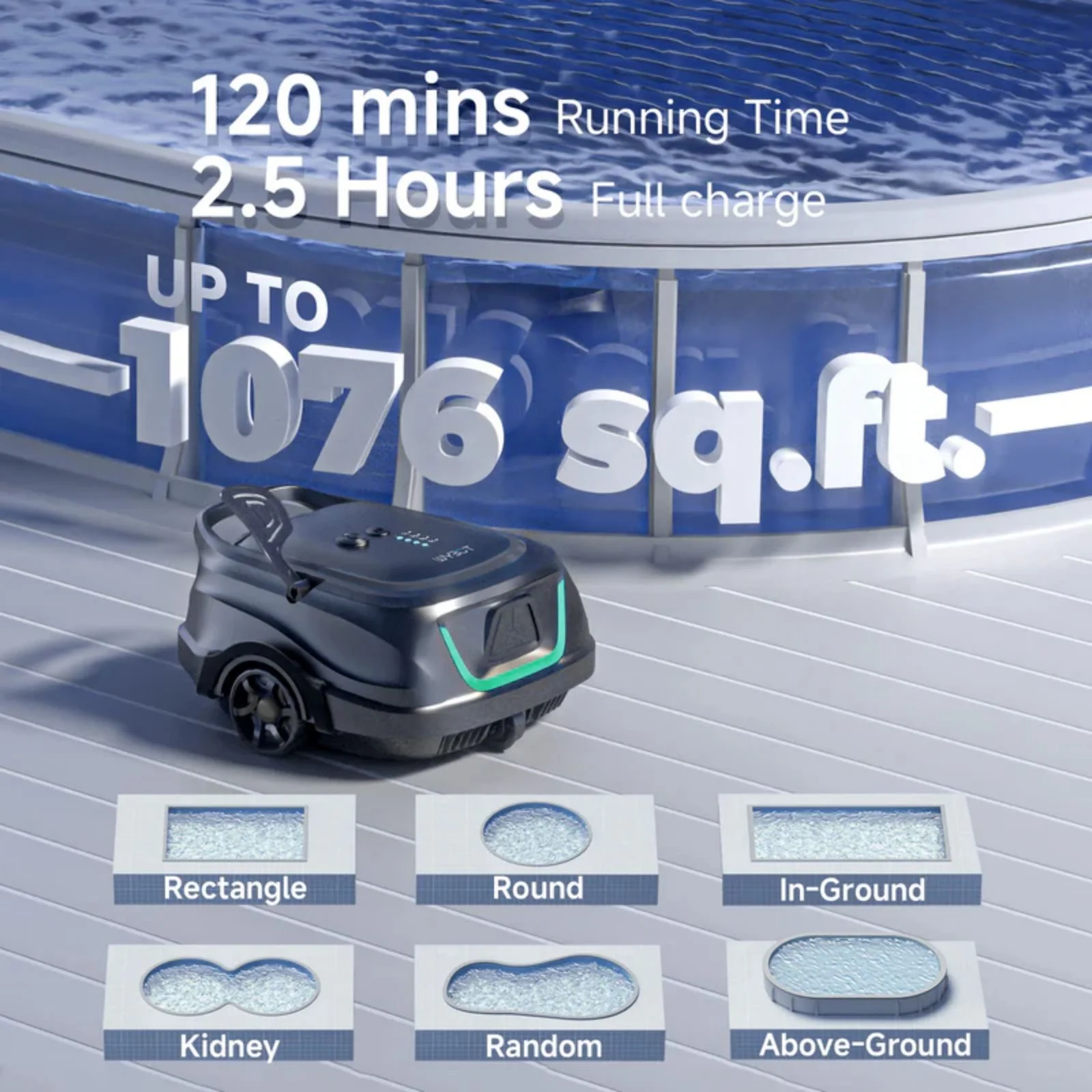2025 New Upgraded WYBOT A1 Cordless Robotic Pool Vacuum Cleaner - Floor-Only Cleaning for Above Ground Flat-Bottom Pools (Up to 1,076 sq. ft), 120-Min Runtime, Black Green - Image 2
