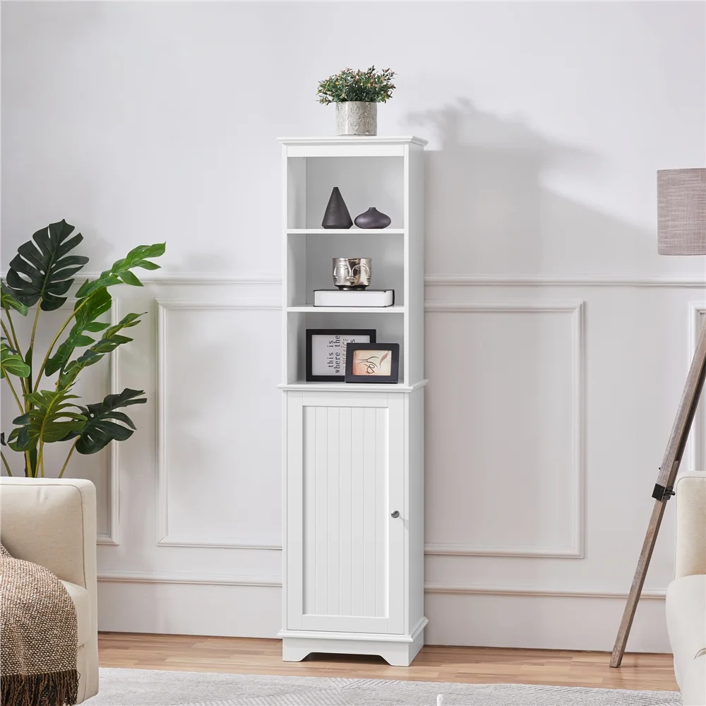 Renwick Tall Slim Storage Cabinet with Single Door and Open Shelves for Home Small Space, White - Image 2