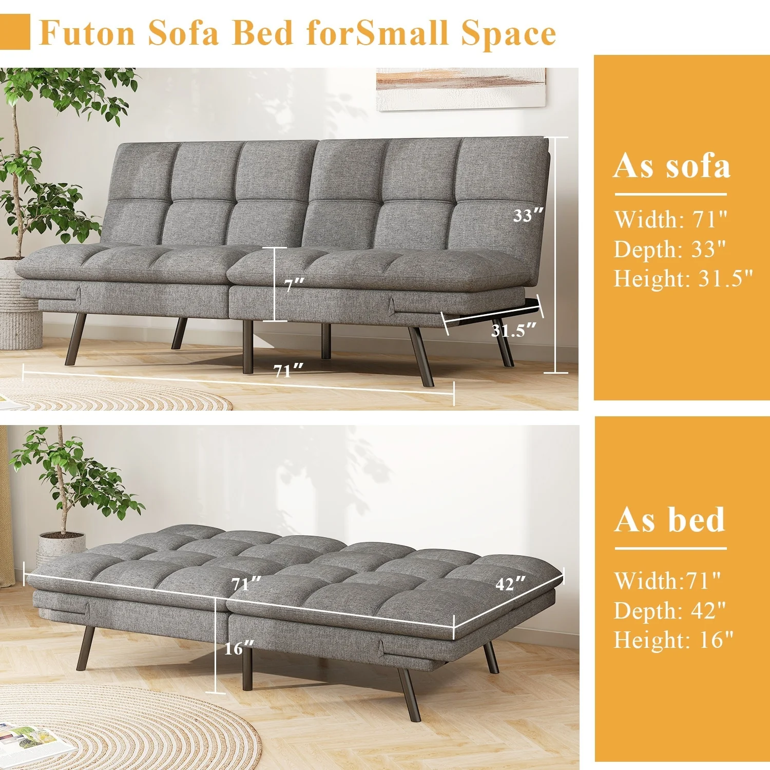 Convertible Futon Sofa Bed with Memory Foam, Foldable Loveseat Sleeper with Adjustable Armrests - Image 22