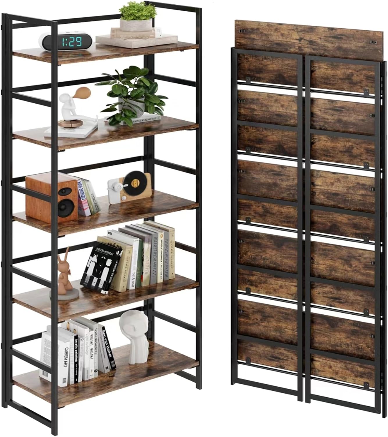 Vintage Multifunctional Folding Bookshelf, No-Assembly Plant Stand Storage Rack Shelves for Home Office (White, 5-Tier) - Image 17
