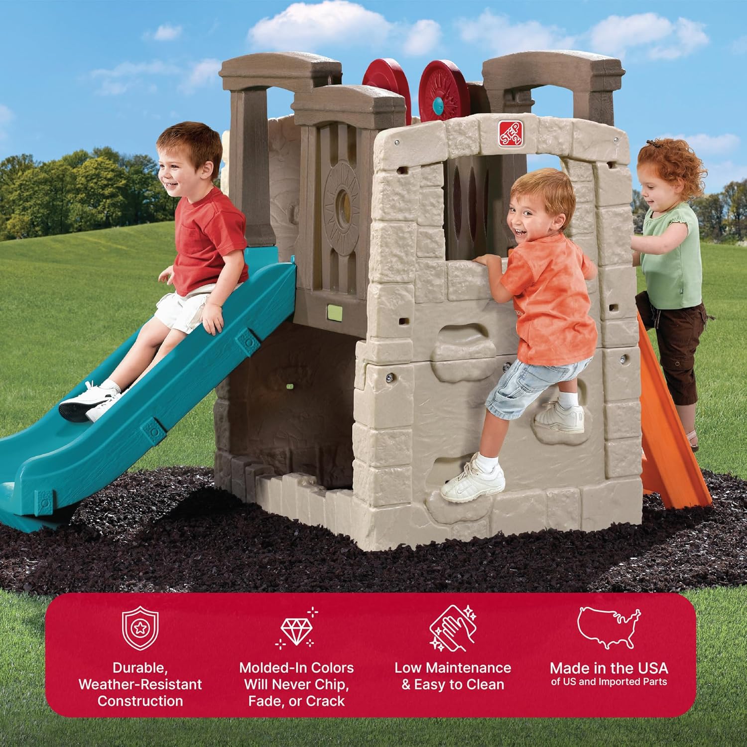 Kids Outdoor Playset with Slide & Climbing Wall, Backyard Playground Equipment for Children - Image 4