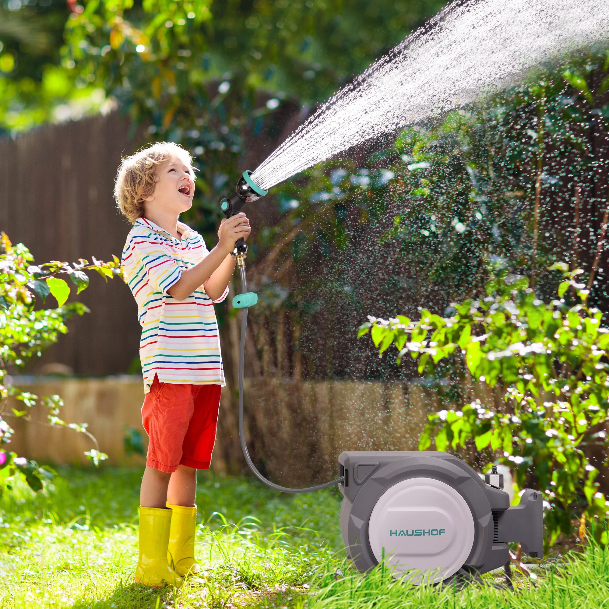 HAUSHOF 1/2" x 100 ft Retractable Garden Hose Reel with Automatic Rewind, 10-Pattern Spray Nozzle, Durable High-Pressure Hose, and 180- Swivel Bracket -C Perfect for Watering Gardens, Cleaning Patios - Image 2
