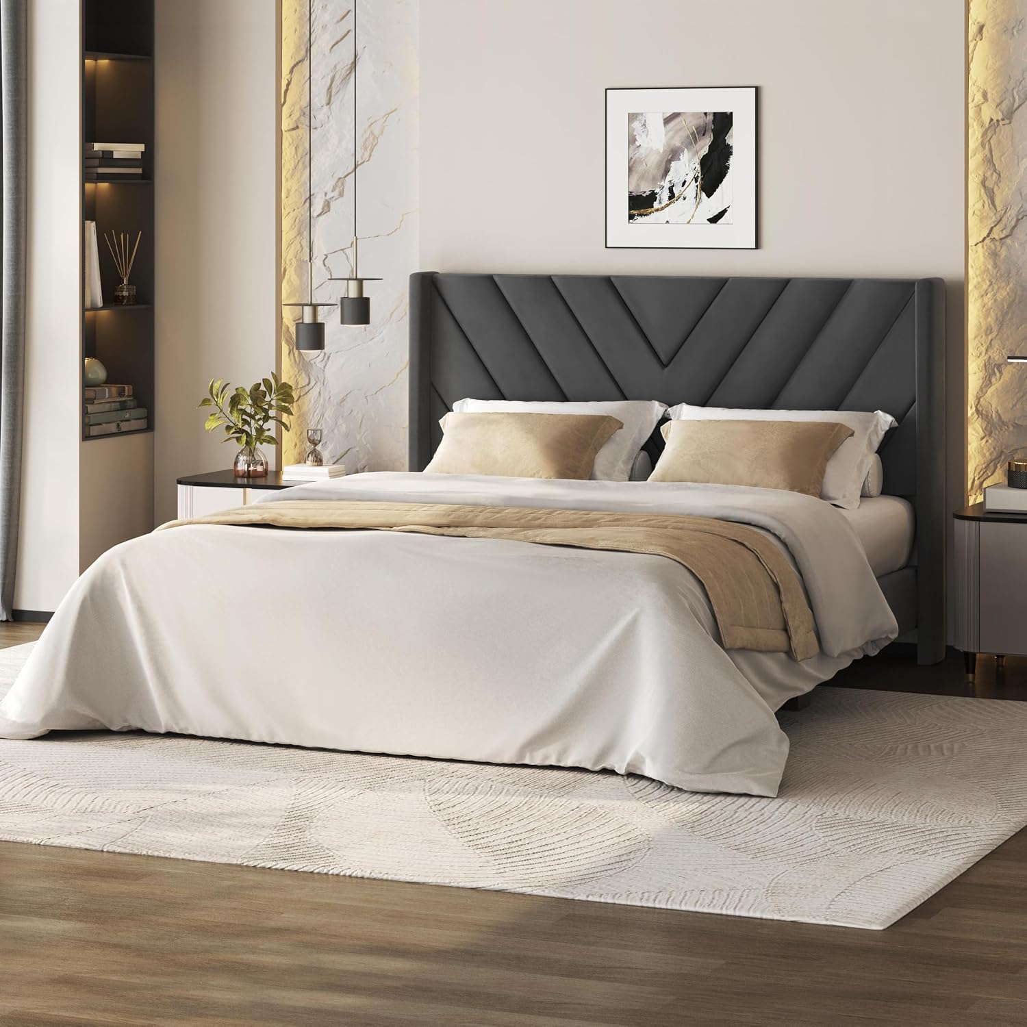 Twin Bed Frame with Chevron Channel-Tufted Headboard, Light Gray - Image 11
