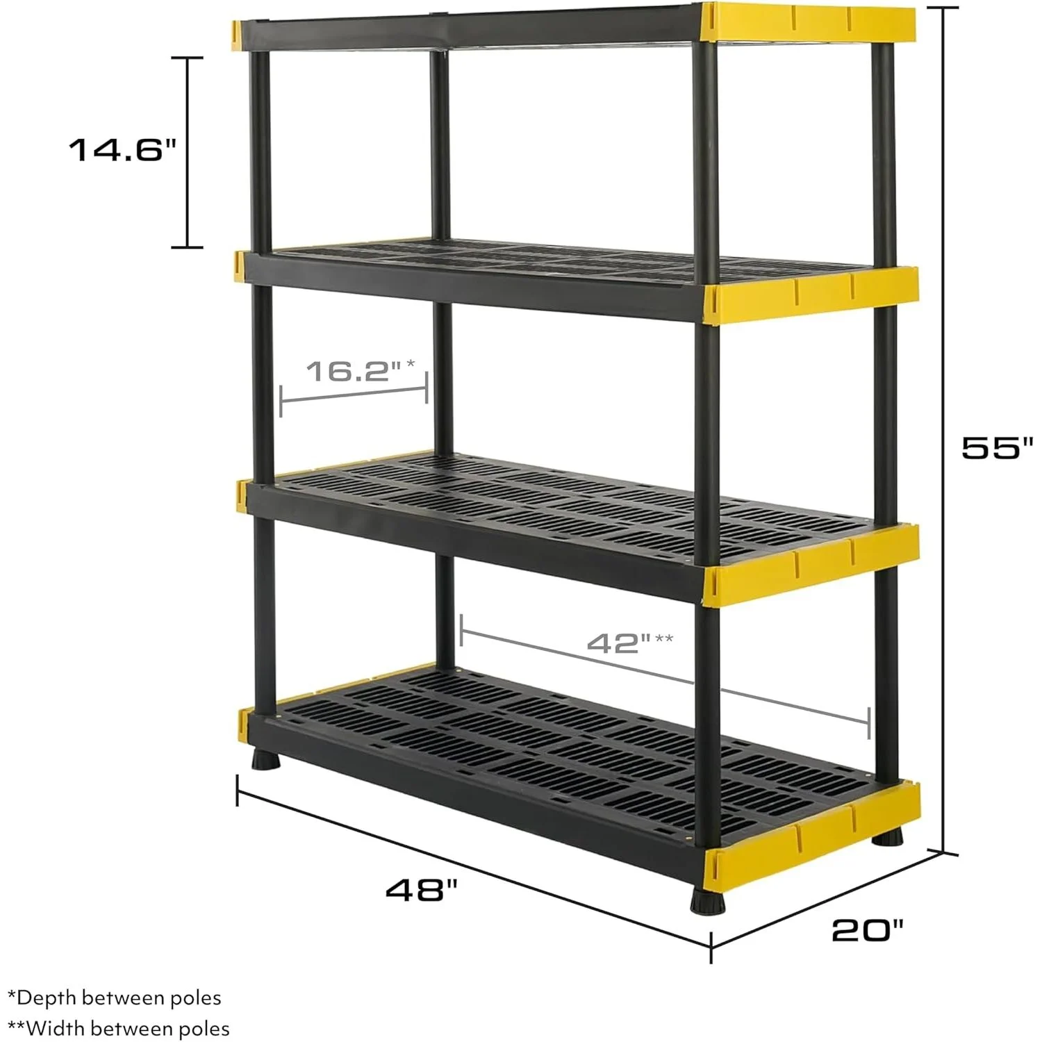 MMZP Black & Yellow?, 4-Tier Heavy Duty Plastic Storage Shelving Unit, 200lbs/shelf (55-H x 48-W x 20-D), for Indoor/Outdoor Organization, Modular Rack - Image 2