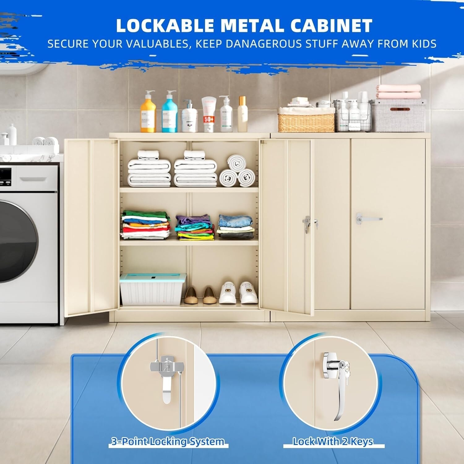36" Metal Garage Storage Cabinet with 2 Locking Doors and 2 Adjustable Shelves Grey - Image 8