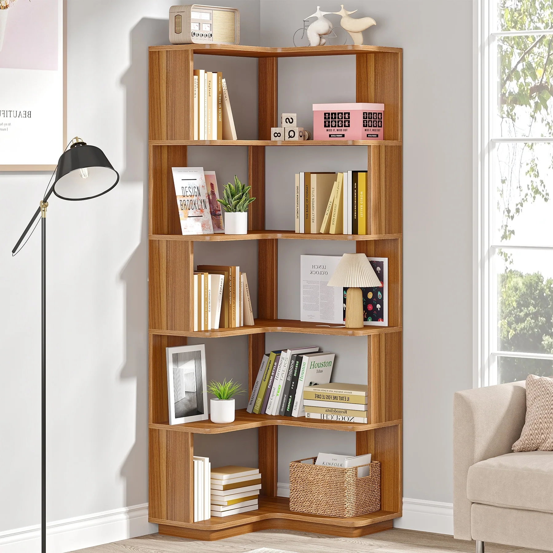 64.9 Inch Tall 6-Tier Corner Bookshelf, Freestanding Wood Industrial Bookcase - Image 13
