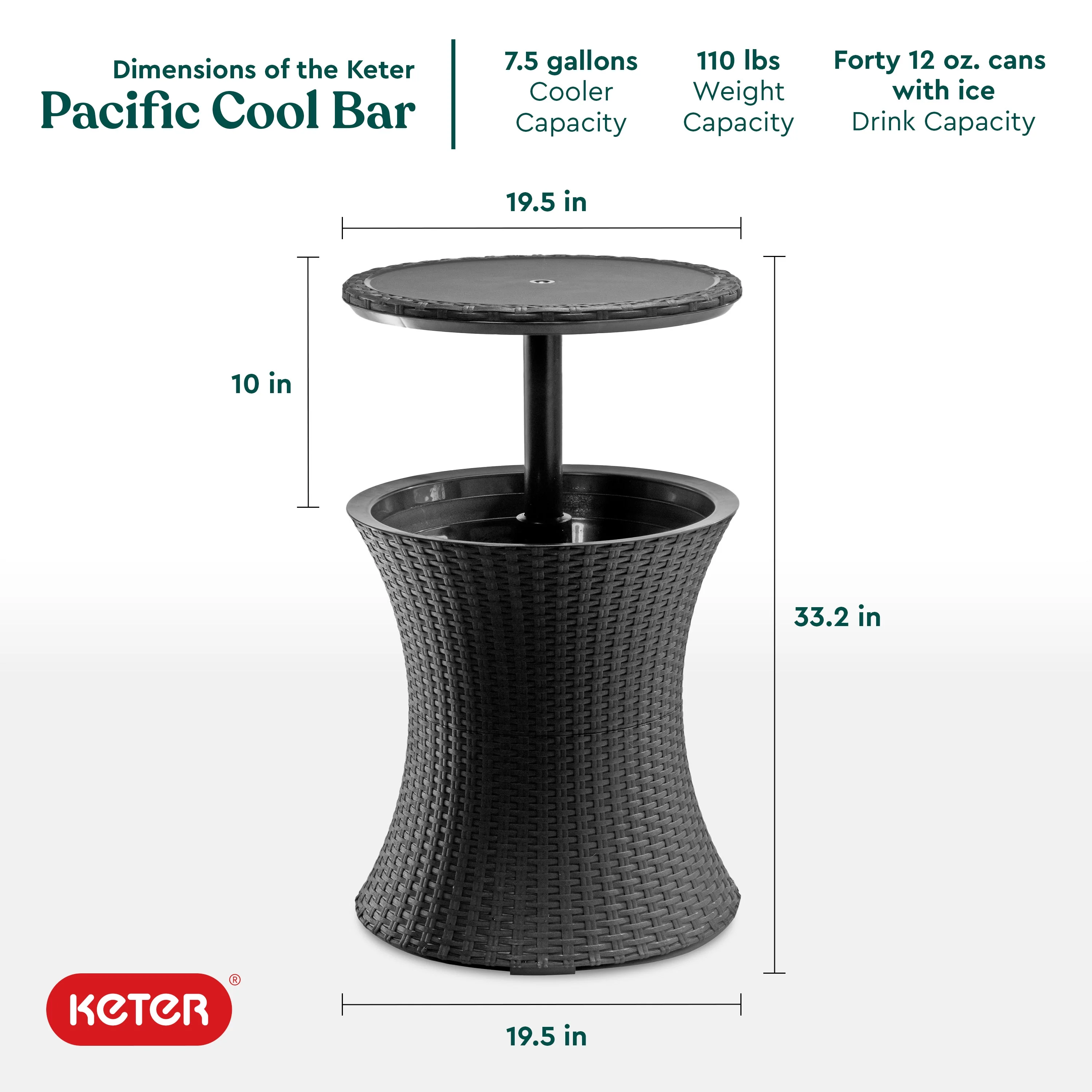 Keter Pacific 7.5 Gallon Cool Bar 2 in 1 Weather Resistant Side Table and Bar Durable Resin Outdoor Patio Beverage Cooler Table, Rattan Look Brown - Image 24