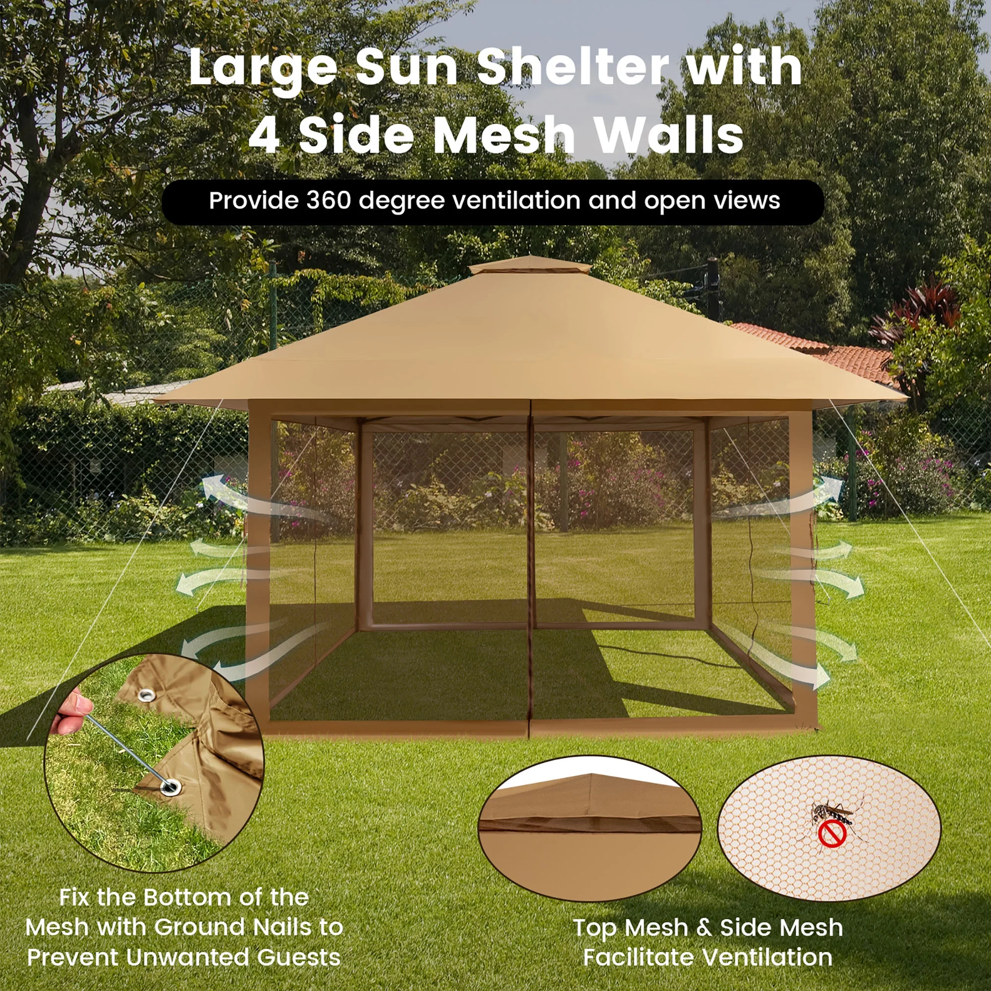 Costway 13x13ft Pop-up Instant Canopy Tent Mesh Sidewall UV50+ Adjust Outdoor Patio Khaki - Image 6