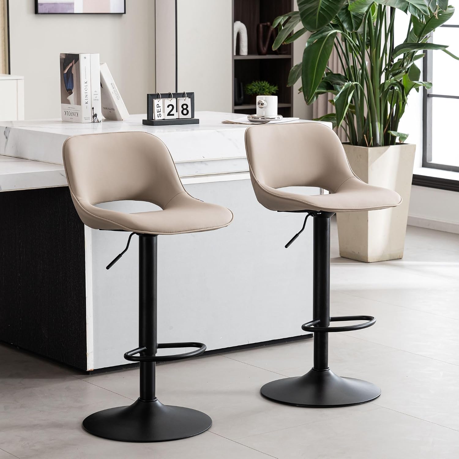 Bar Stools Set of 2 Modern Swivel Barstools, Compact Adjustable Counter Height Bar Stools, Faux Leather Upholstered Counter Stools with Hollow Back for Kitchen Island, Brown - Image 6