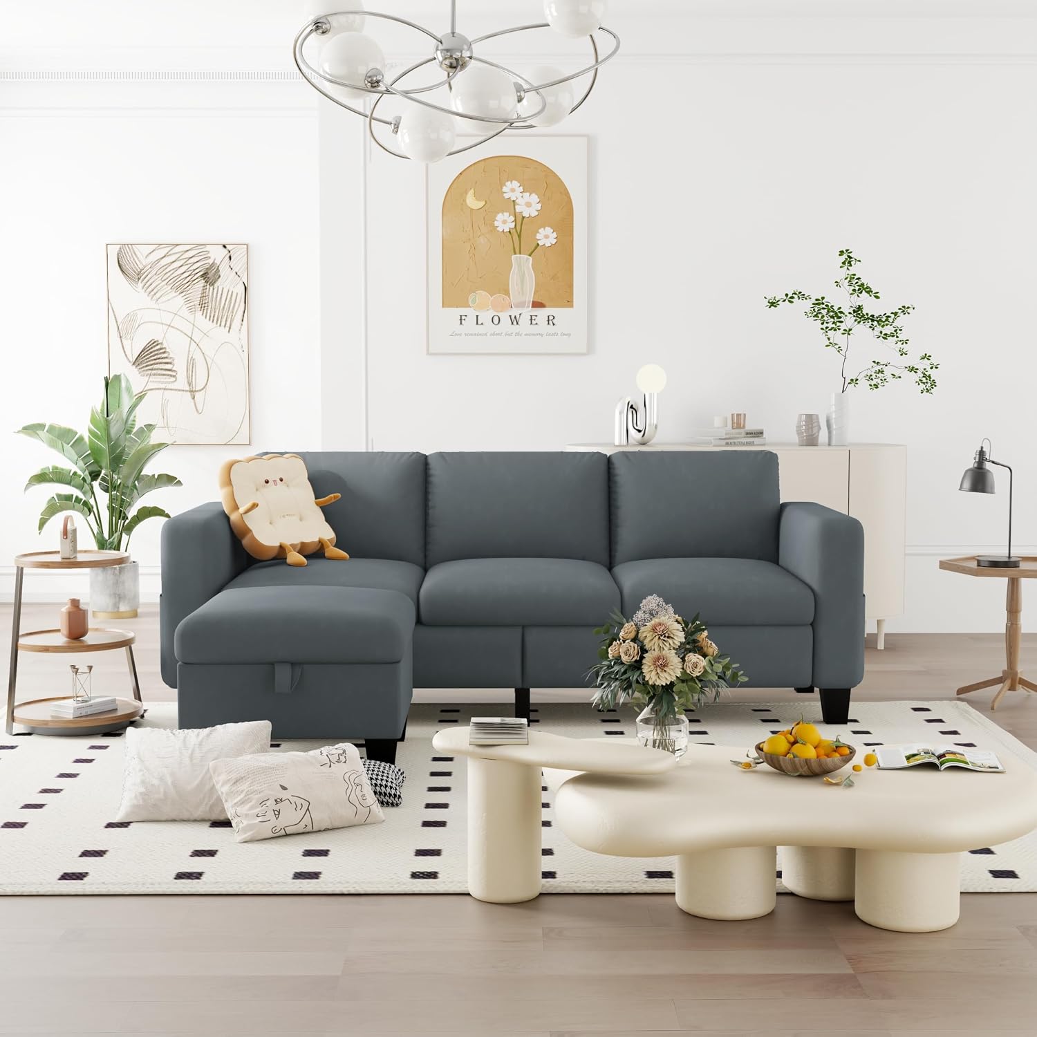 Convertible Sectional Sofa Couch,Classic 3 Seat L-Shaped Sofa with Movable Ottoman, Modern Dark Grey Velvet Fabric Upholstered Small Sectional Sofa Couch for Small Apartment Living Room Office - Image 3