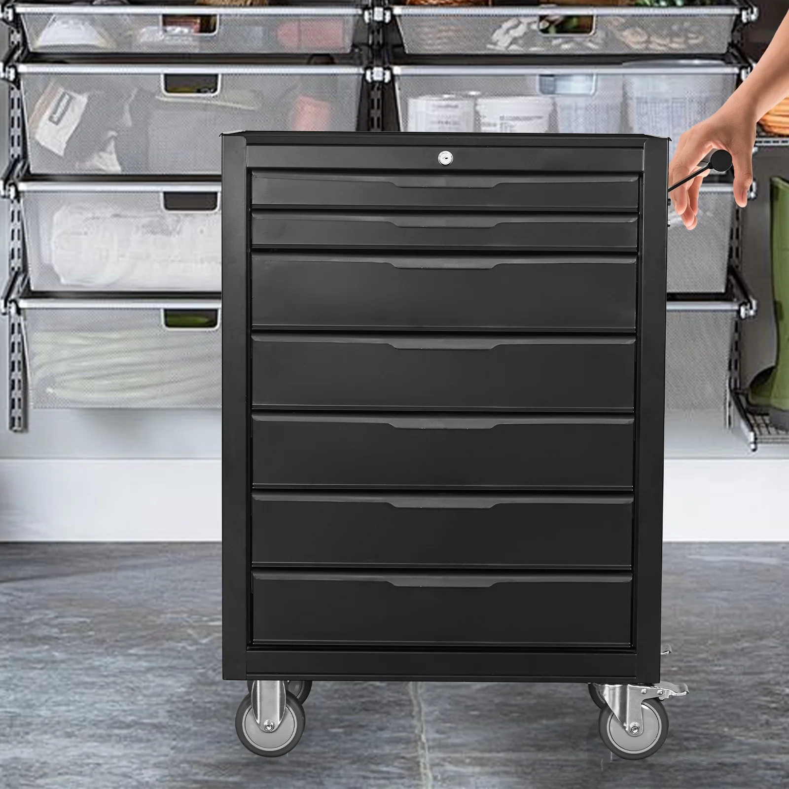 7-Drawer Rolling Tool Chest Cabinet, Large Capacity Metal Tool Box with Wheels and Cylinder Locking, Roll Around Storage Organizer Tool Cart for Garage, Warehouse, Work Shop - Black - Image 9
