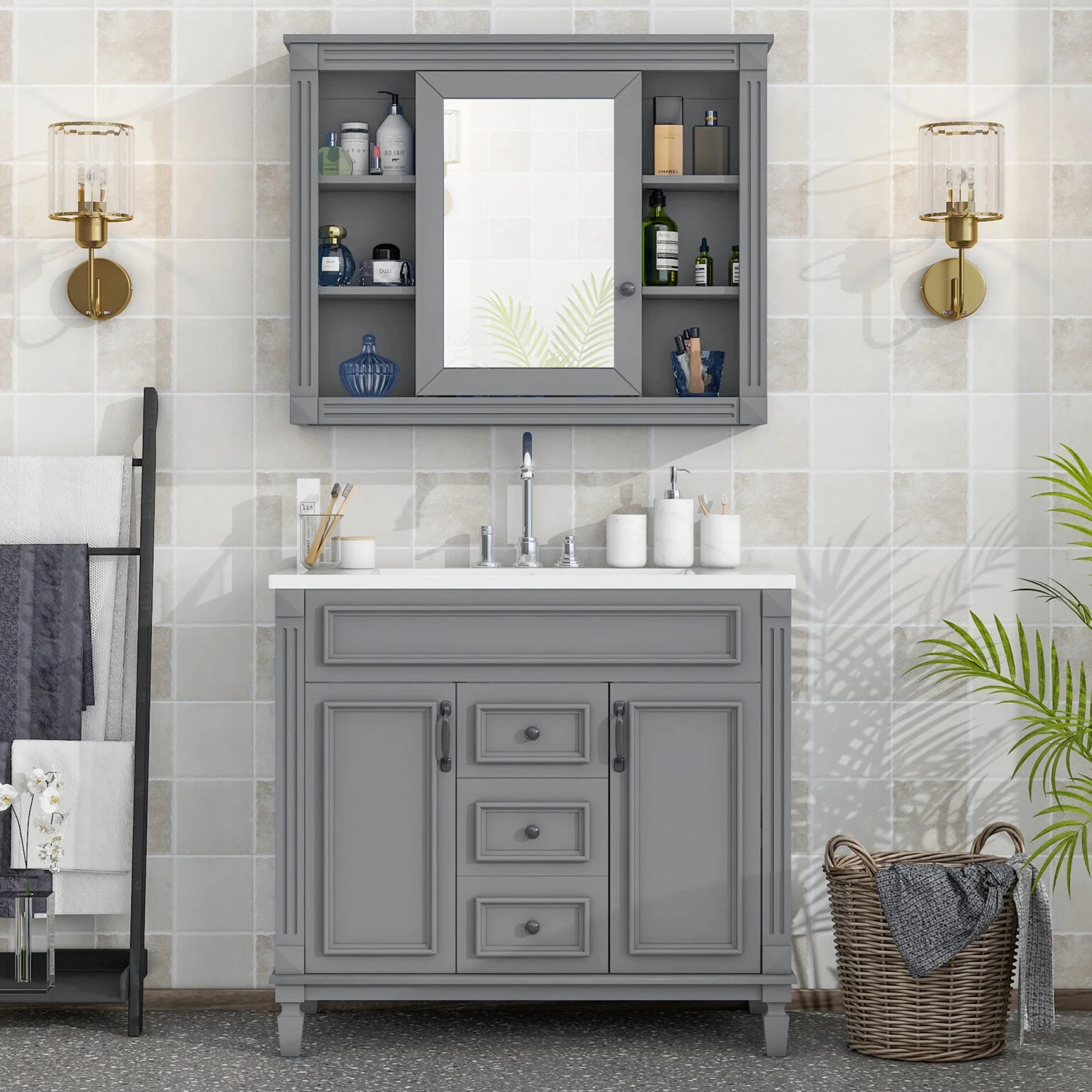 Modern Bathroom Furniture Set, 36" Bathroom Vanity with Top Sink, 35" Wall Mounted Bathroom Storage Cabinet, Mirror Cabinet with 6 Shelves, Storage Cabinet with 2 Doors and 2 Drawers, Grey - Image 2