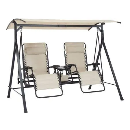 Steel Porch Swing - Beige/Black, Size: 90.55 inch x 58.27 inch x 72.44 inch