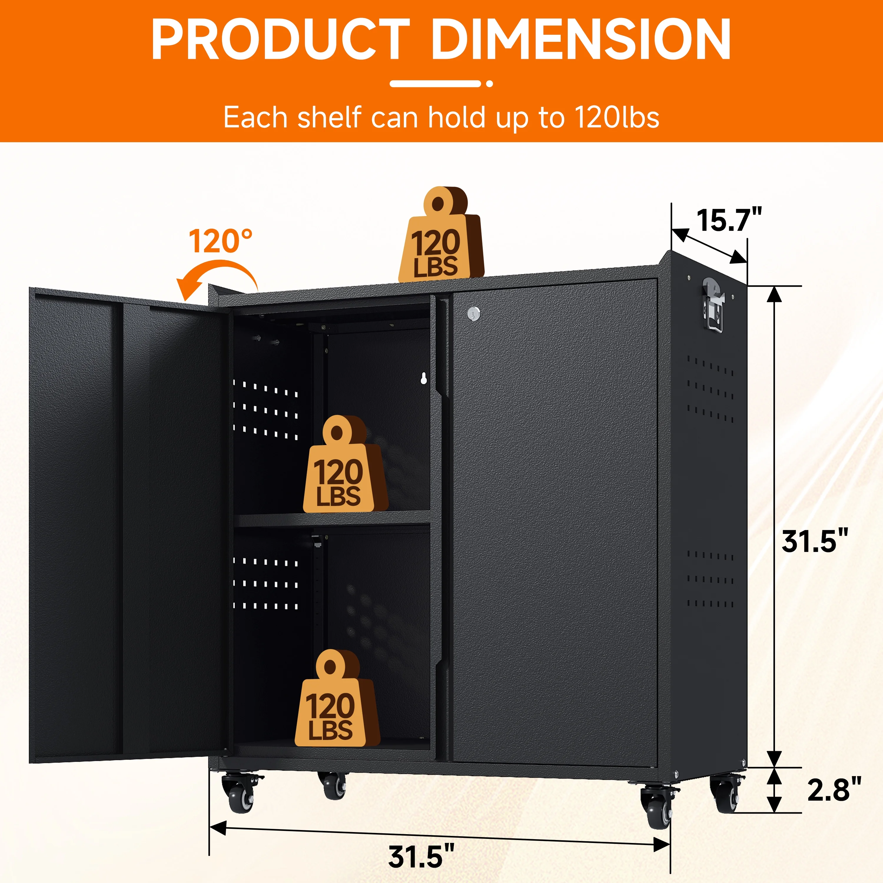 Metal Storage Cabinet with Wheels,Tool Storage Cabinet with Doors and Shelves Adjustable,Heavy Duty Garage Storage Cabinet,Steel Locking Storage Cabinet for Garage/Warehouse/Office/School/Home-Black - Image 9