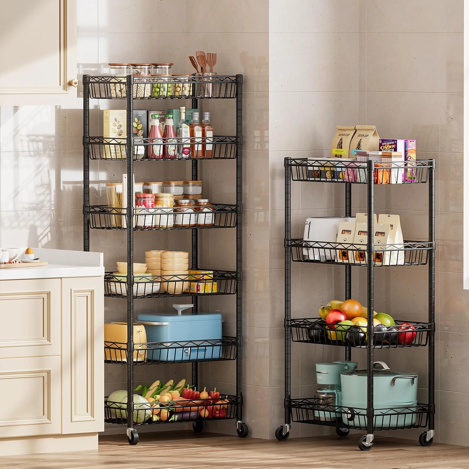 6 Tier Wire Shelving Unit with Wheels Baskets Storage Rack Corner Shelves Adjustable Shelf Closet Bathroom Organizers Metal Pantry Kitchen Garage Laundry Room 13.5" D x 13.5" W x 63" H Silver - Image 20