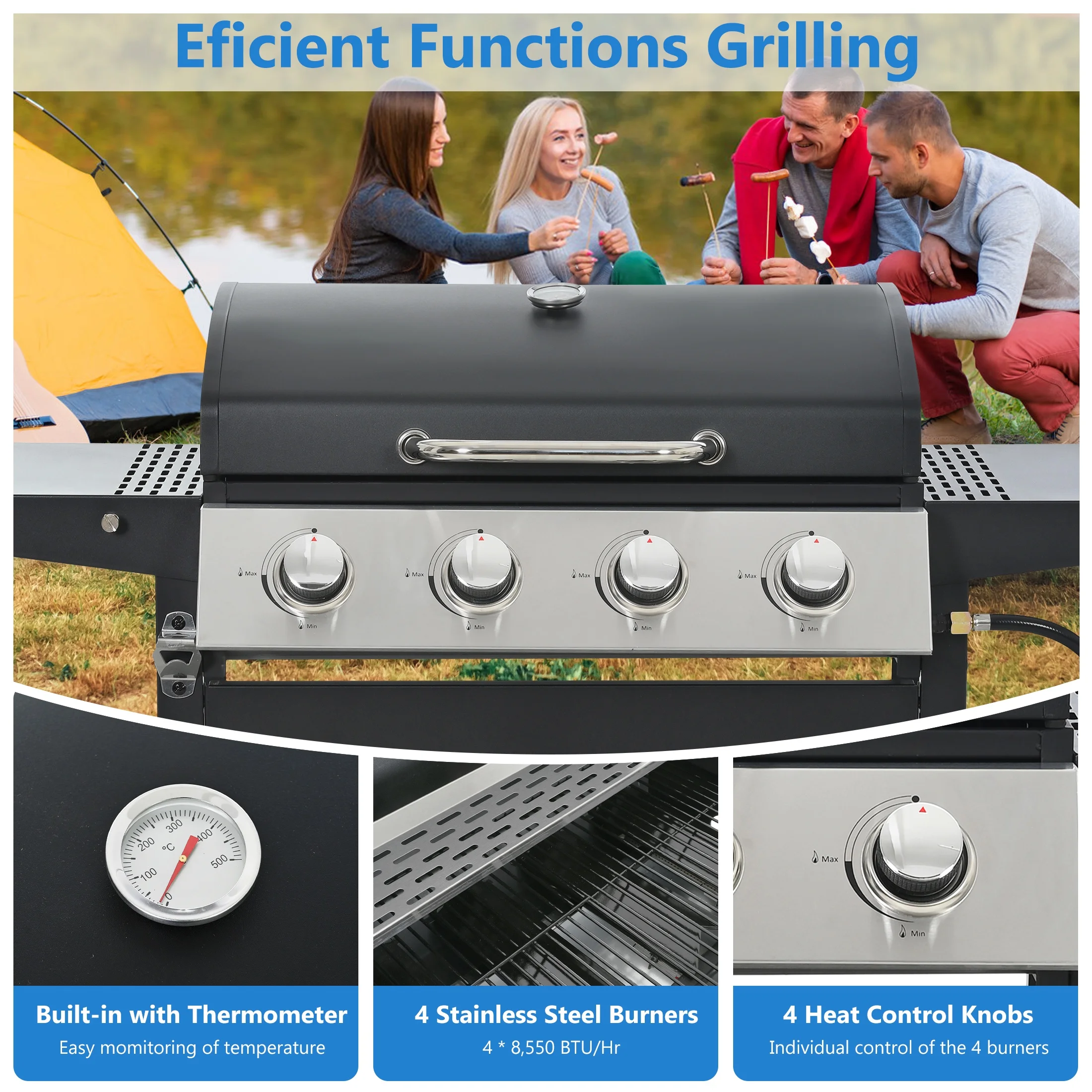 Segmart 3 Burner BBQ Propane Gas Grill, Stainless Steel 30,000 BTU Patio Garden Barbecue Grill with Folding Side Tables, Hanging Basket & Thermometer, Perfect for Camping, Outdoor Cooking - Image 14