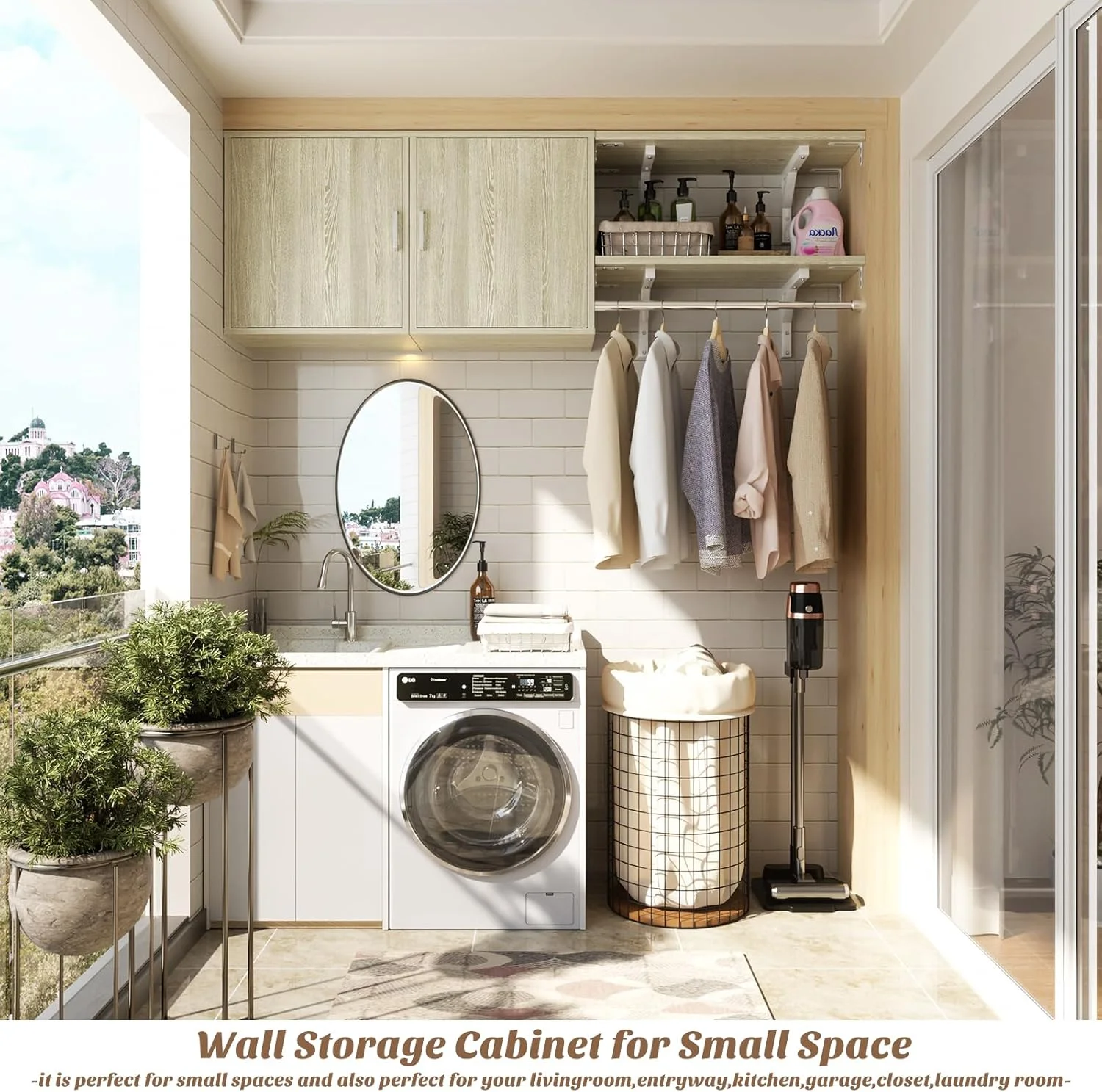 Homieasy Wall Mounted Cabinet with Hanging Rod, 65'' Wide Laundry Cabinet with 2 Shelves and Doors, Reversible, Small Storage Cabinet for Laundry, Bedroom, 300+ LBS Weight Capacity, White - Image 26