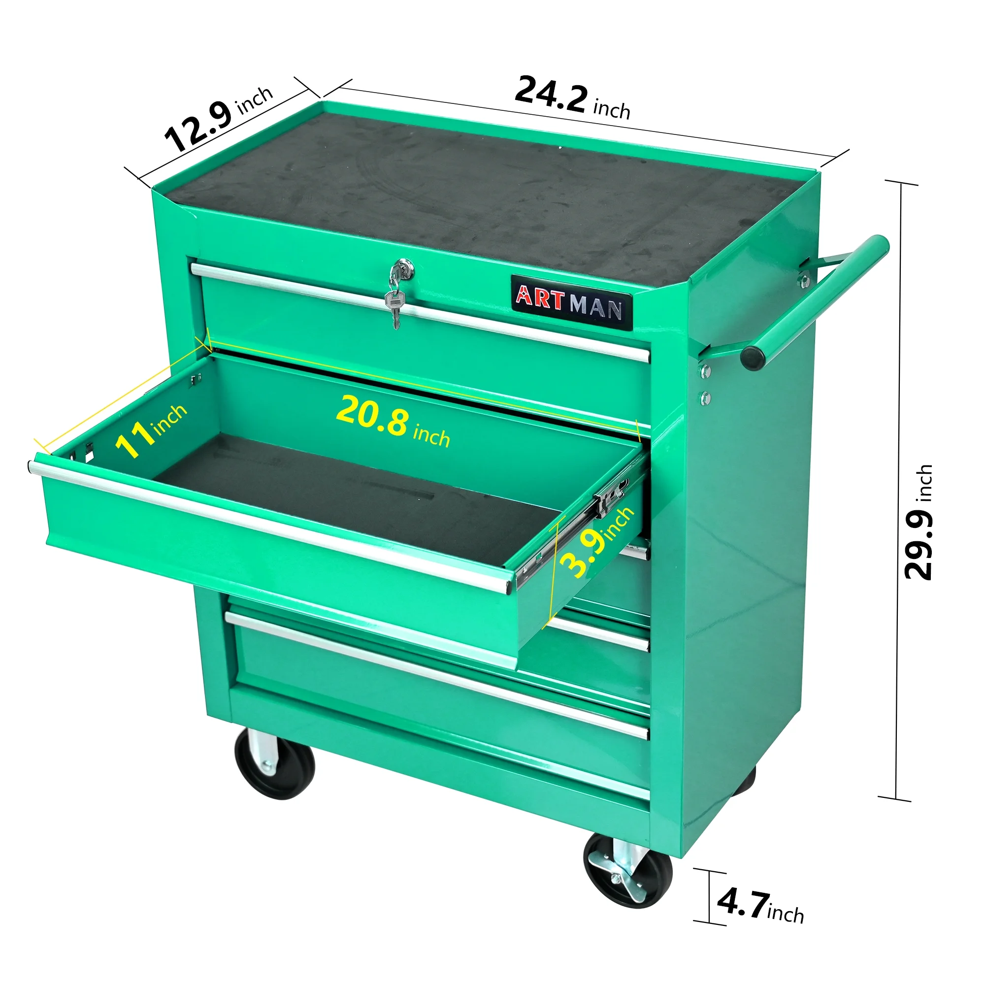 Lisonu 5-Drawer Rolling Tool Chest, Mobile Tool Storage Cabinet with Locking System & Wheels, Heavy-Duty Steel Organizer for Garage and Workshop, Green - Image 4