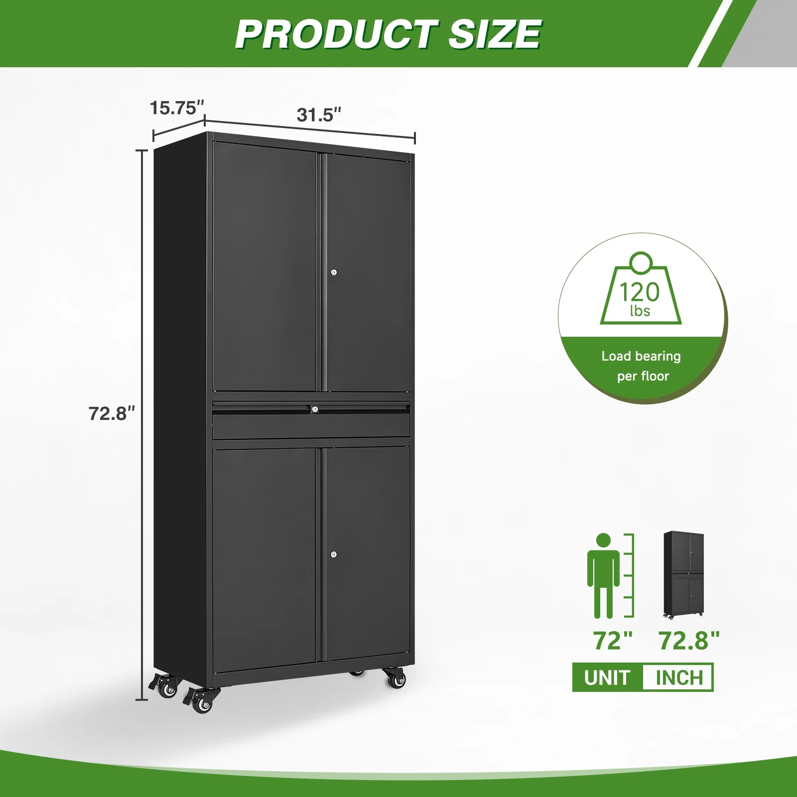 STANI Metal Garage Storage Cabinets with Drawer, 4 Doors Tool Storage Cabinet with 2 Adjustable Shelves, 73"H Rolling Steel Locking Cabinet for Garage Utility Room Home Office (Black, 4 Wheel) - Image 4