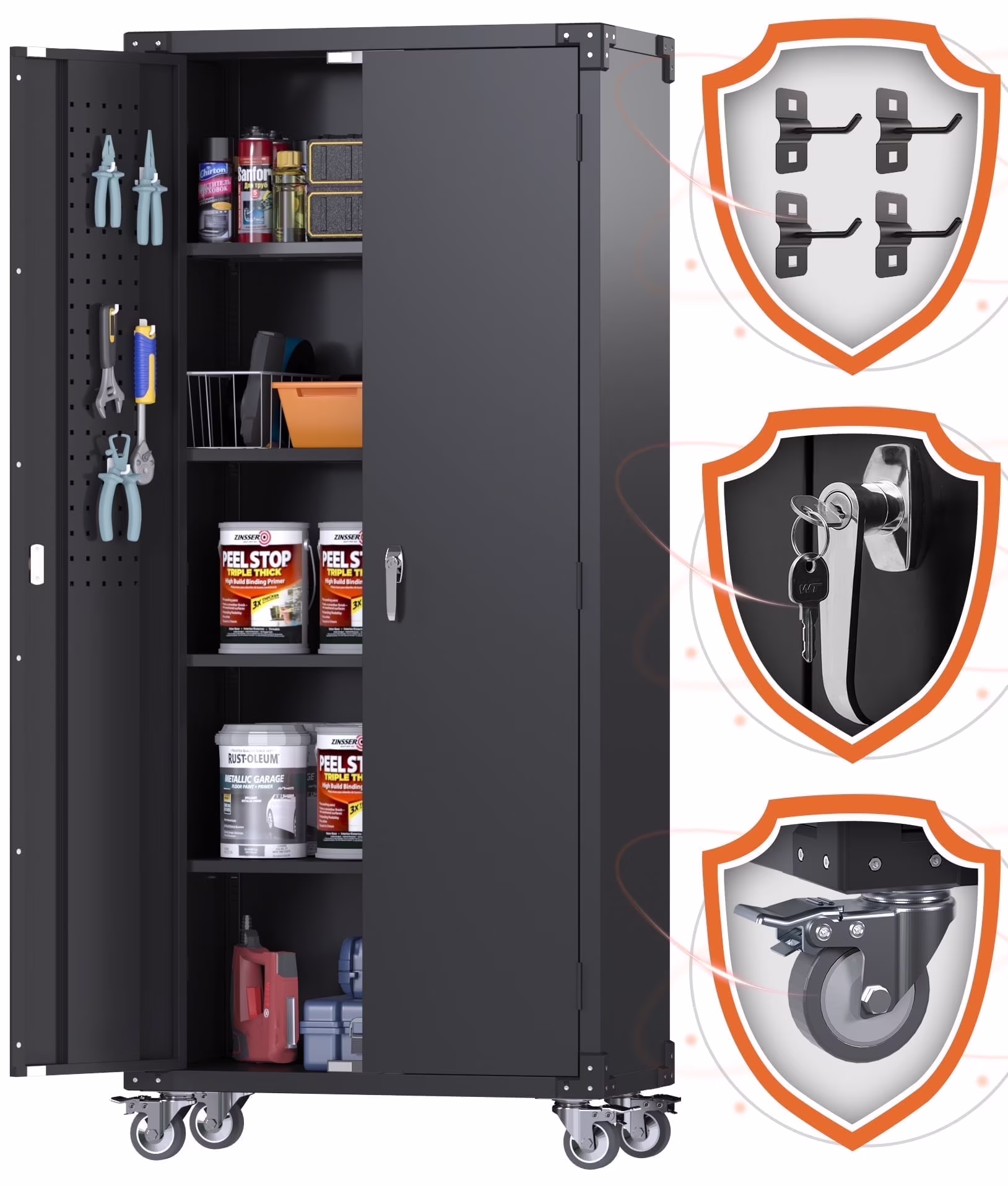 GangMei 71 Inches Tall Metal Garage Storage Cabinets with 5 Adjustable Shelves & Pegboards, Lockable Steel Black Storage Cabinet with Doors for Office, Home, School, Shops, Garage, Assembly required - Image 9