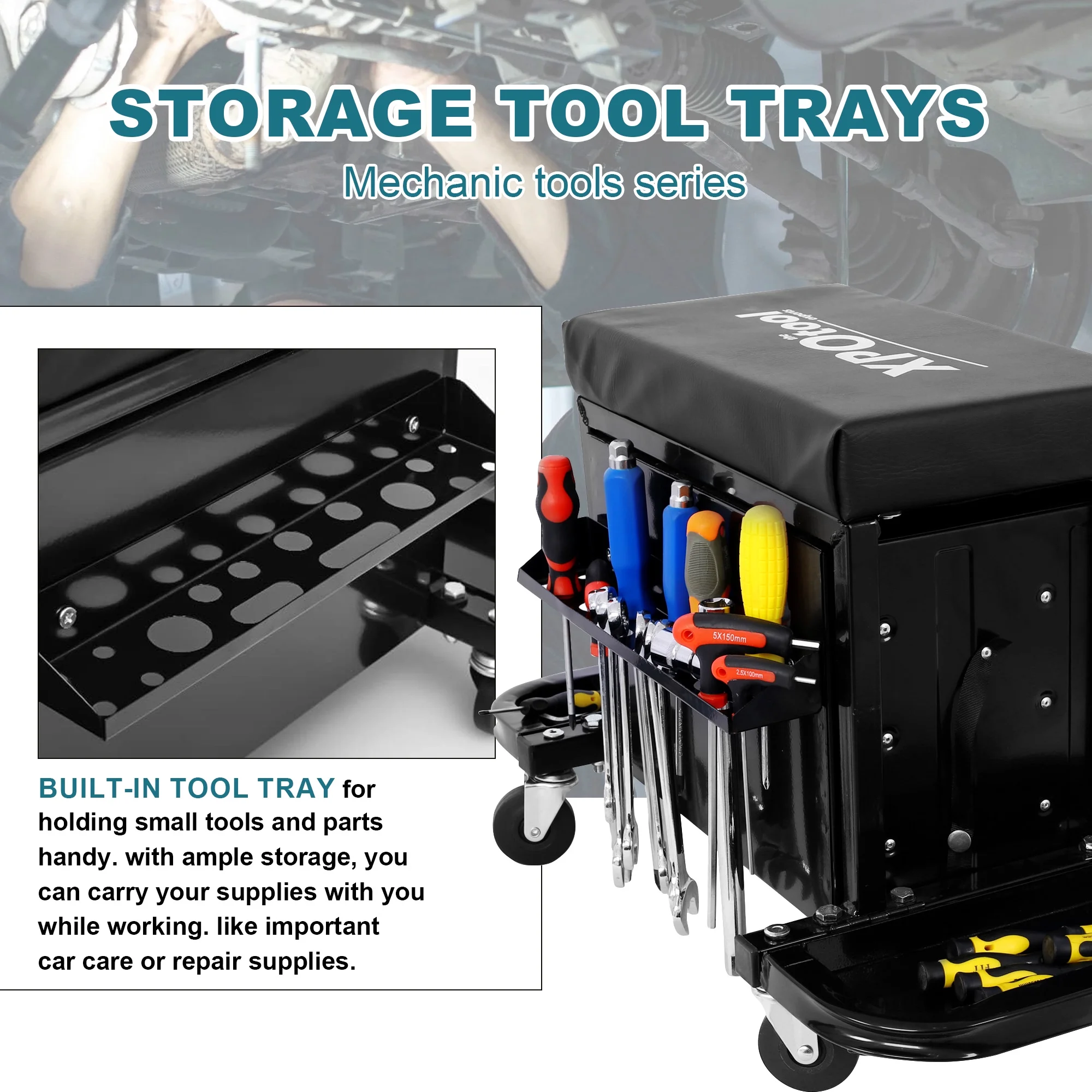 Aukfa Tool Chest Seat, Steel Rolling Tool Box with Wheels and Foldable Magnetic Storage Trays, 3-Drawers, 350LBS Capacity, Black - Image 7