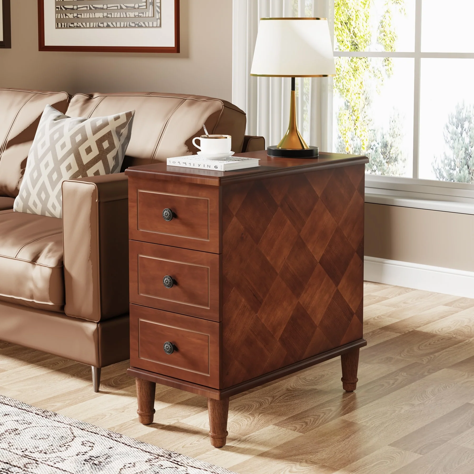 Fully Assembled Narrow End Table, Solid Wood Side Table with 3 Drawers, Vintage Nightstand for Small Spaces - Image 12