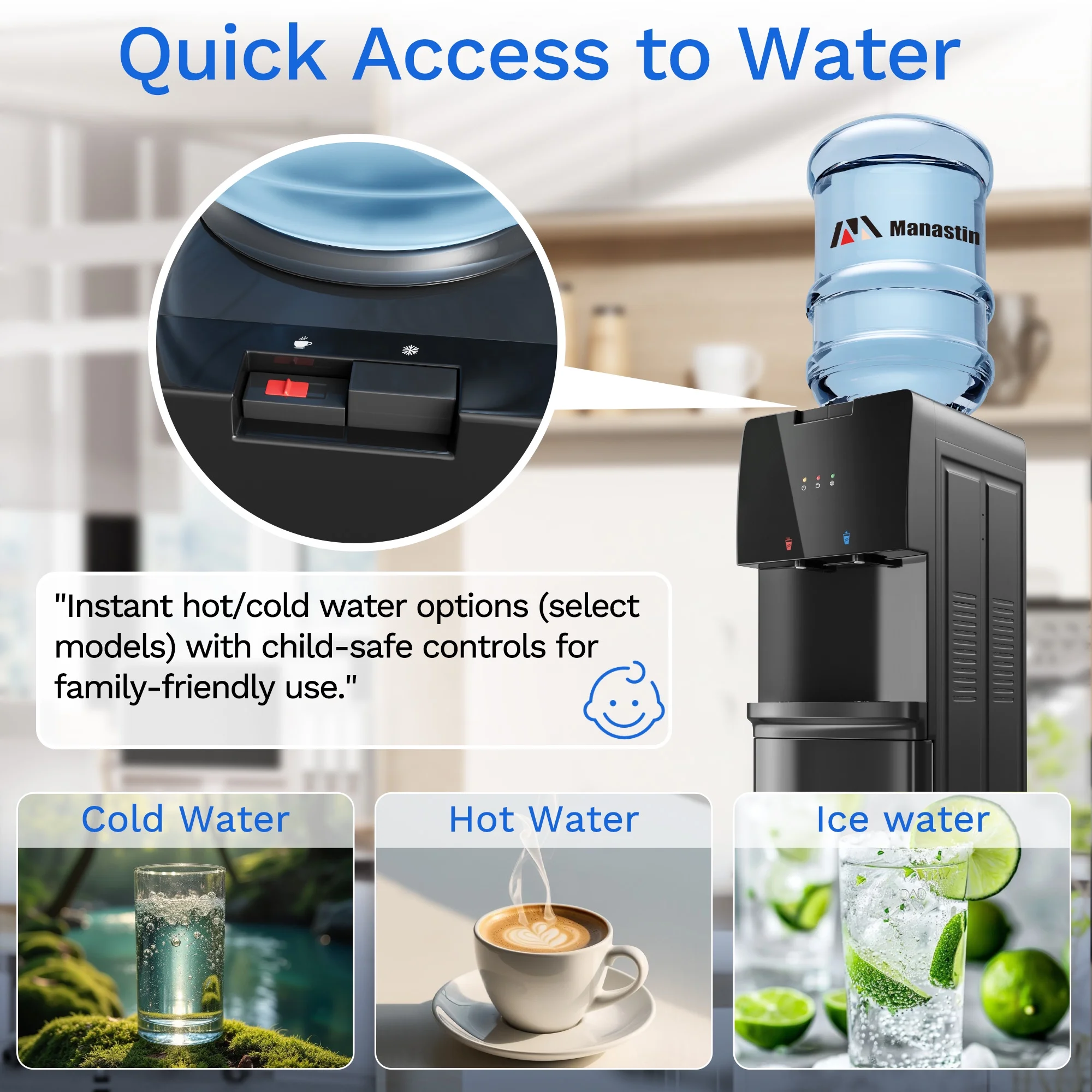 Manastin Top Loading Water Dispenser - Hot and Cold Water, Child Lock, Removable Water Tray, Extra Storage, Black - Image 3
