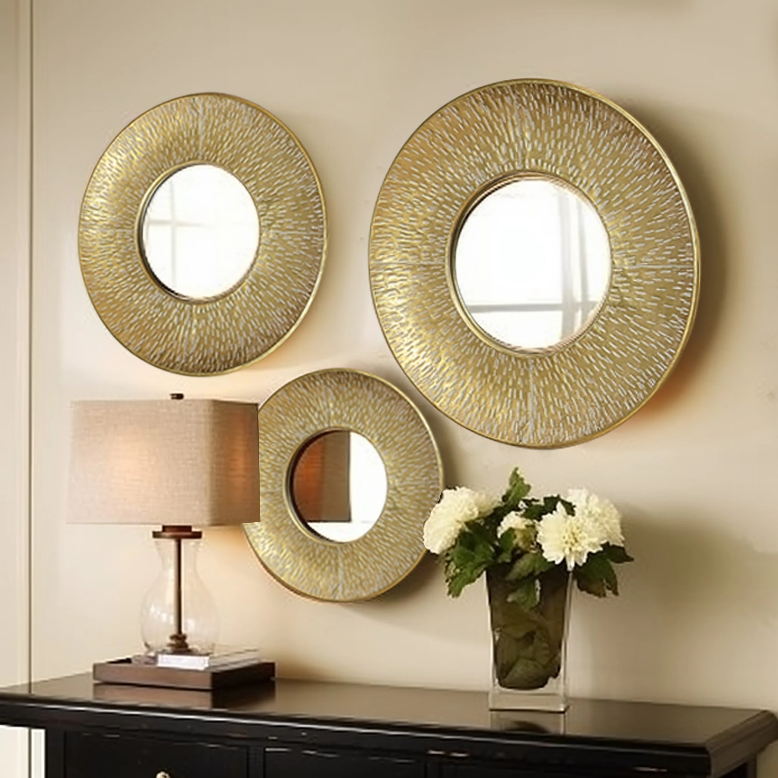 3-Piece Gold Metal Round Wall Mirror Set, 22.25" Diameter x 2.36" Deep, Decorative Wall Mirrors - Image 3