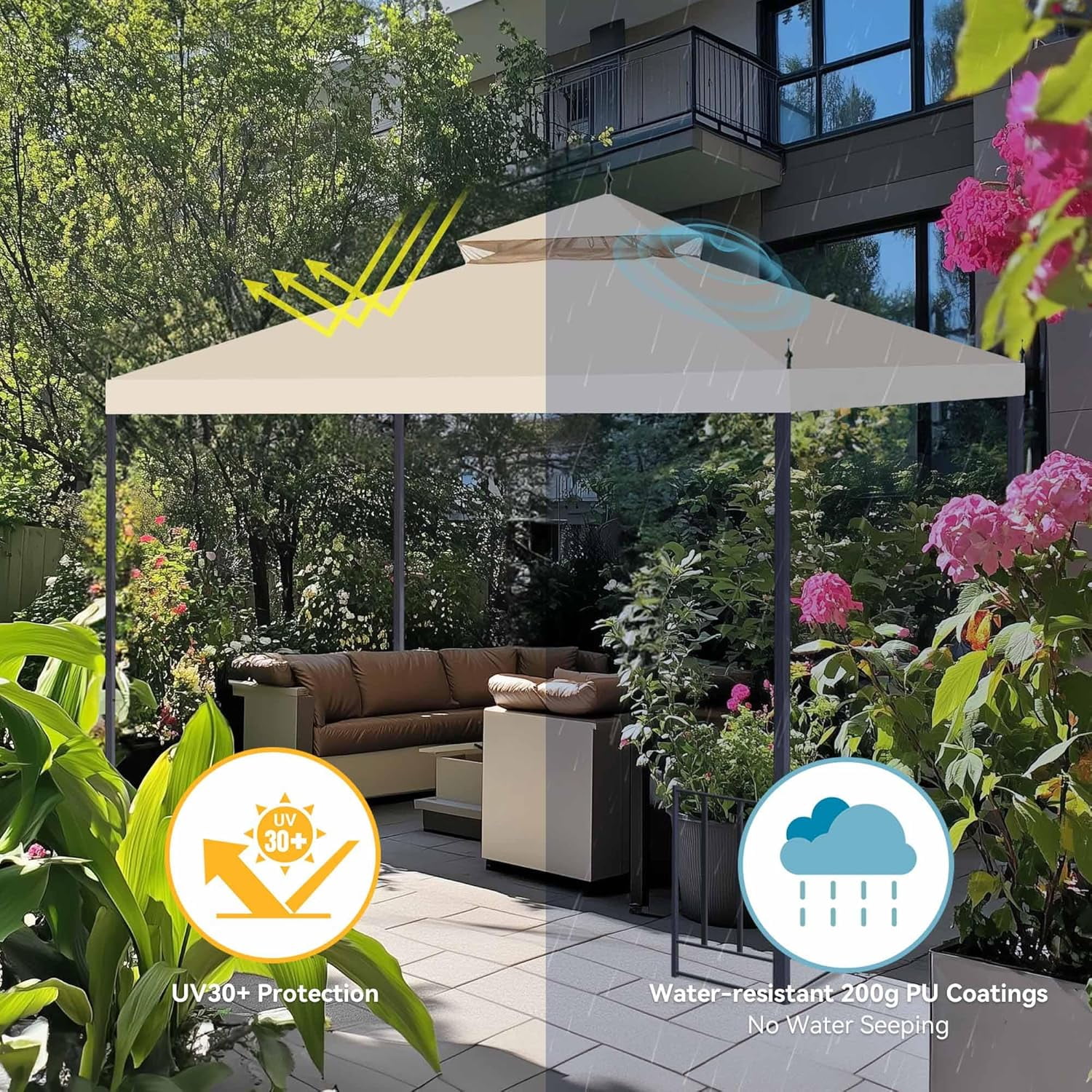10x10Ft Canopy Top Replacement PU Water Resistance Arrow Gazebo Dual Tier Outdoor Patio Canopy Cover Party Backyard Garden Beige - Image 5