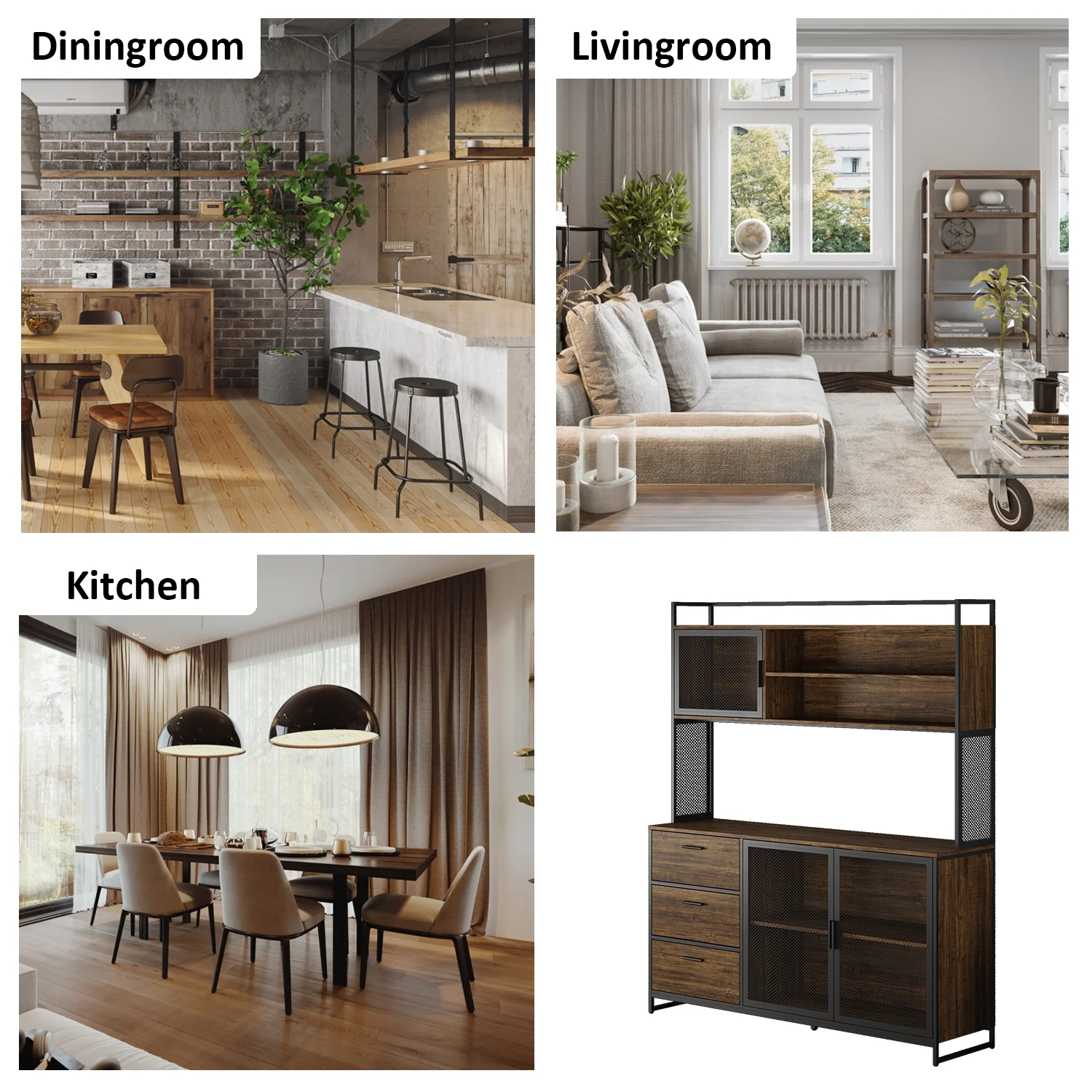 WIAWG Garage Cabinet with 3 Drawers and Metal Mesh Door, Industrial Mutifunctional Tool Storage Cabinet for Warehouse, Basement, Home Office (Walnut) - Image 7