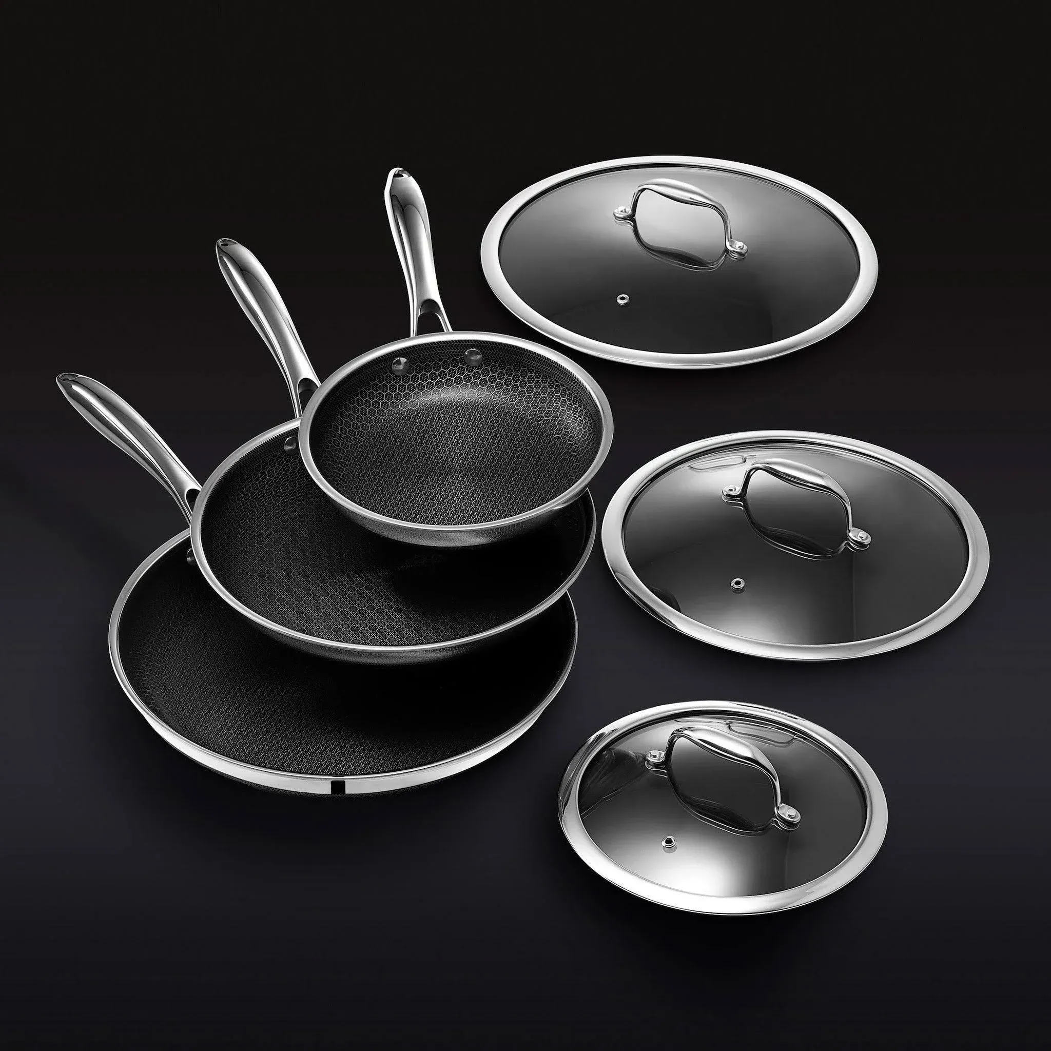 6-Piece Hybrid Stainless Steel Cookware Pan Set with Glass Lids