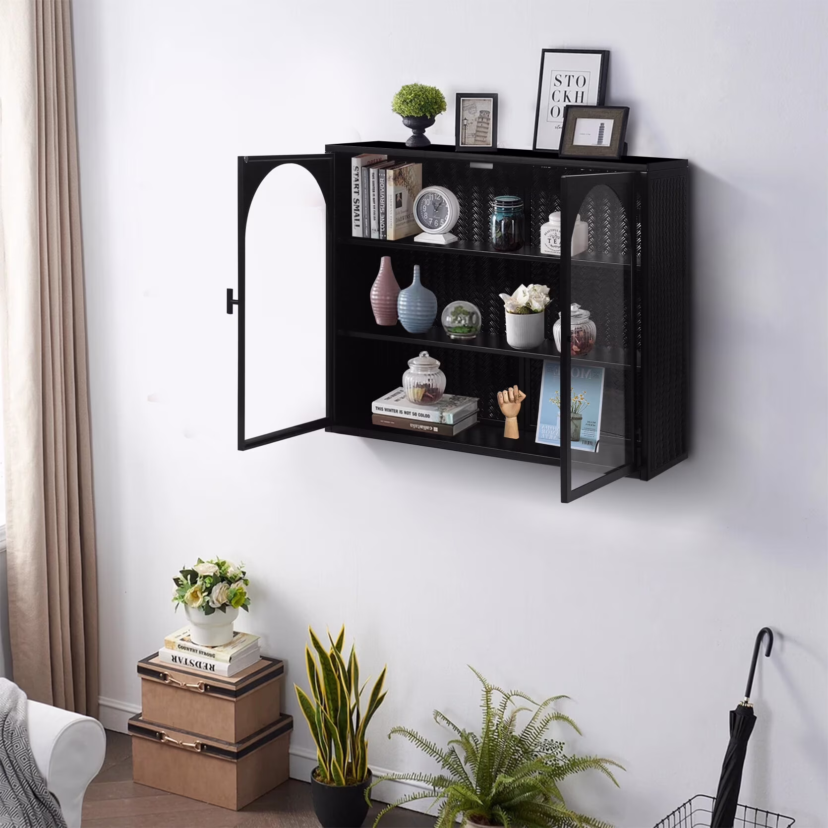 Two-door Wall Cabinet, Modern Kitchen Wall Mounted Cabinet with 2 Glass Doors, Two-tier Enclosed Storage, an Open Shelf, Towel Rack, Metal Wall Cabinet for Entryway, Living Room, Bathroom, White - Image 3