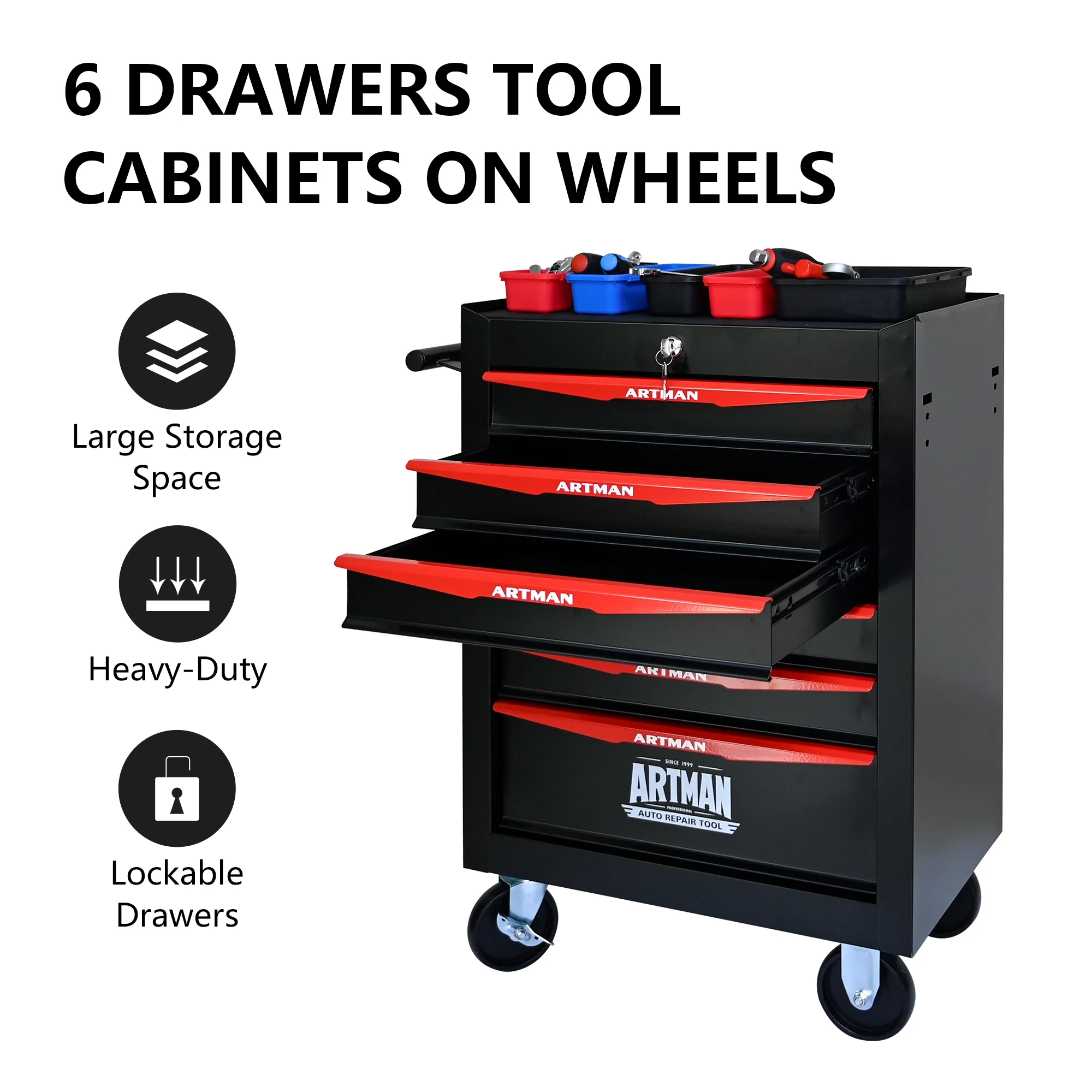 NIGSQJB 30.5"H Rolling Tool Chest Cart with 6 Drawers, 7 Small Tool Boxes Organizers, Lockable Tool Cabinet Storage with Wheels for Garage, Warehouse,Workshop, Repair Shop, DIY, Red - Image 13