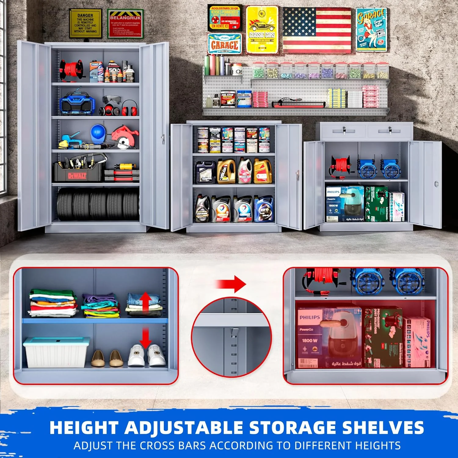 Superday Locking Metal Storage Cabinet with 2 Drawers, Lockable Garage Storage Cabinet with Locking Doors and Adjustable Shelves, Tool Cabinets for Home Office, School, Etc - Image 5