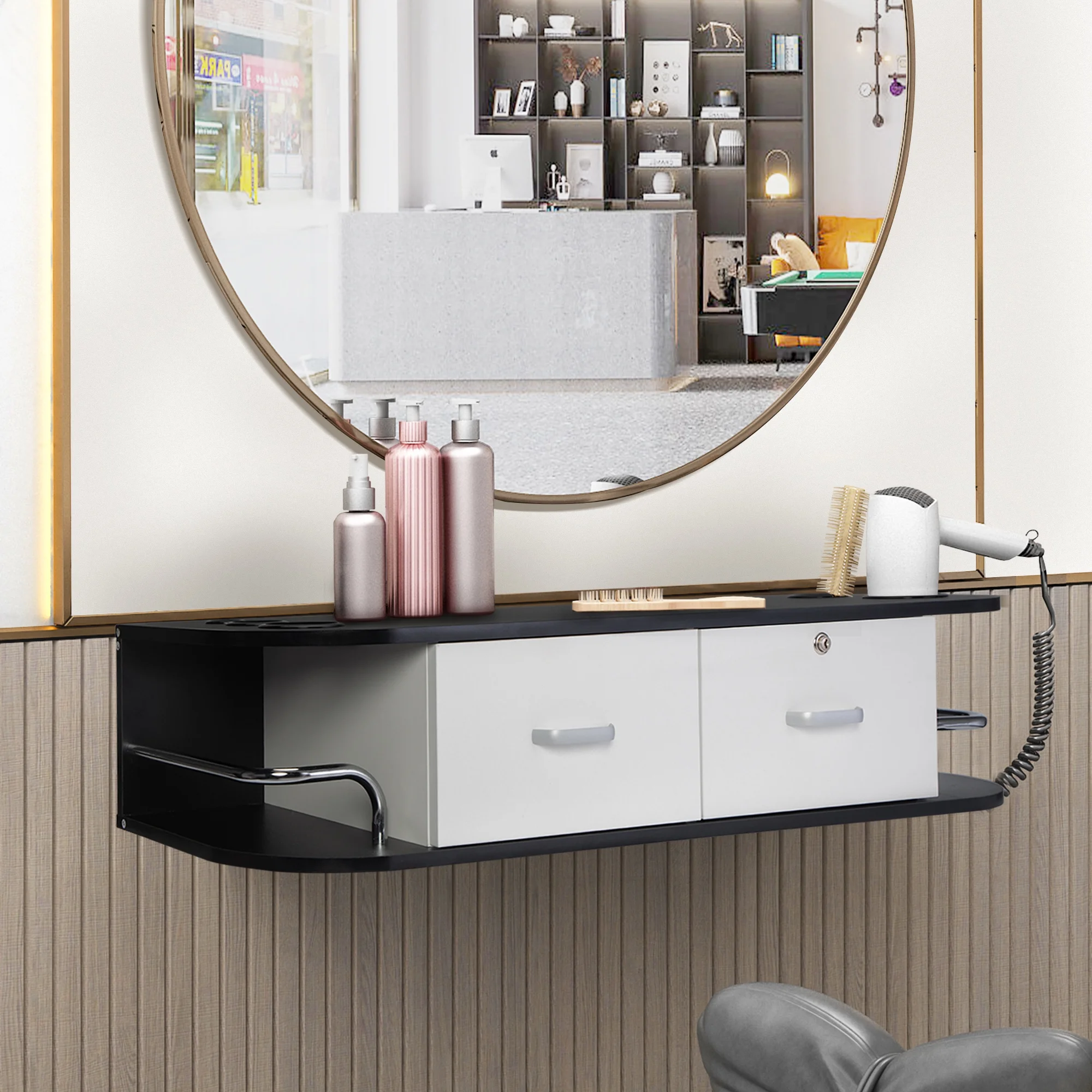 RESHABLE Modern Wall-Mounted Salon Station Barber Cabinet with Locking Drawer Storage Table for Hair Stylist Black - Image 35