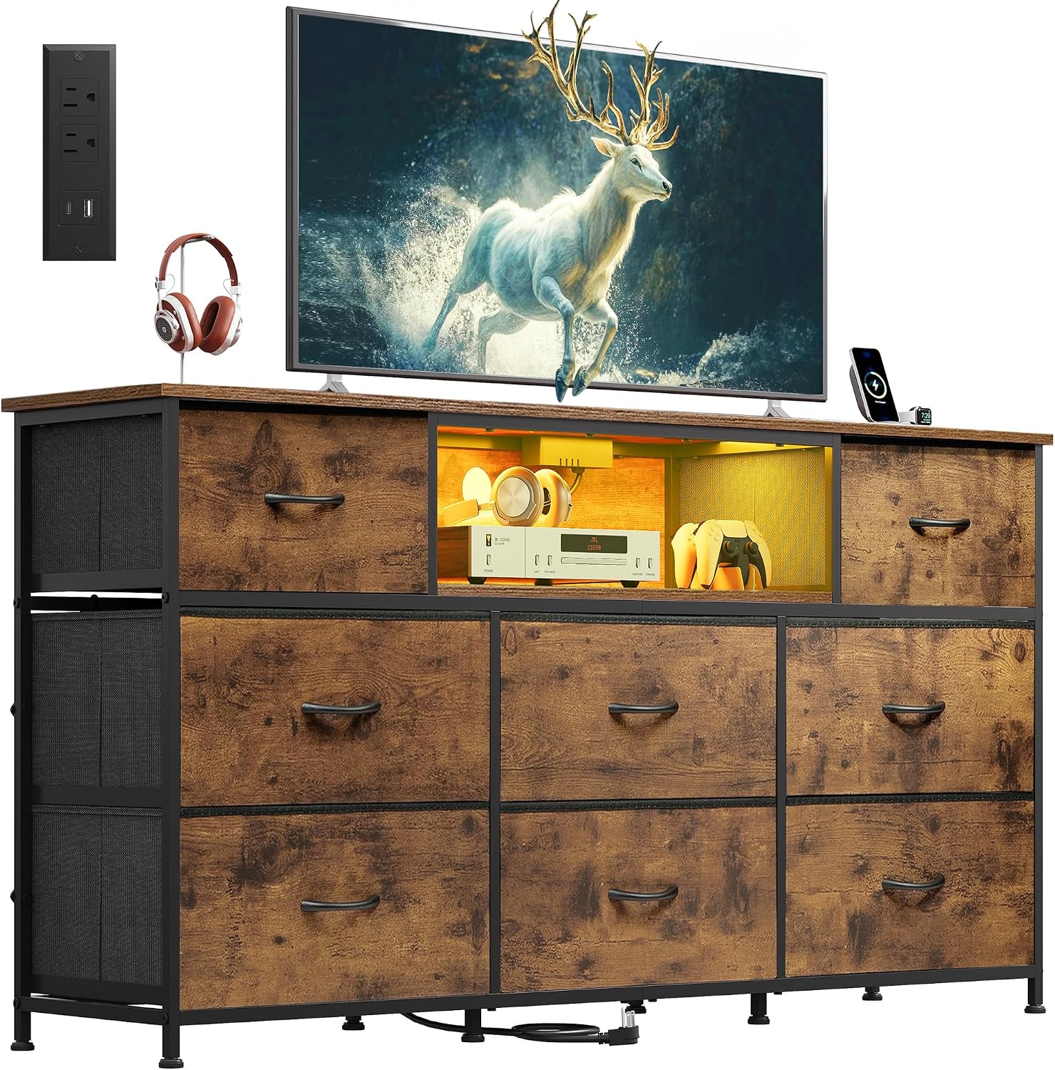 LED Dresser TV Stand for 65 Inch TV, 8 Drawers, Black - Image 10