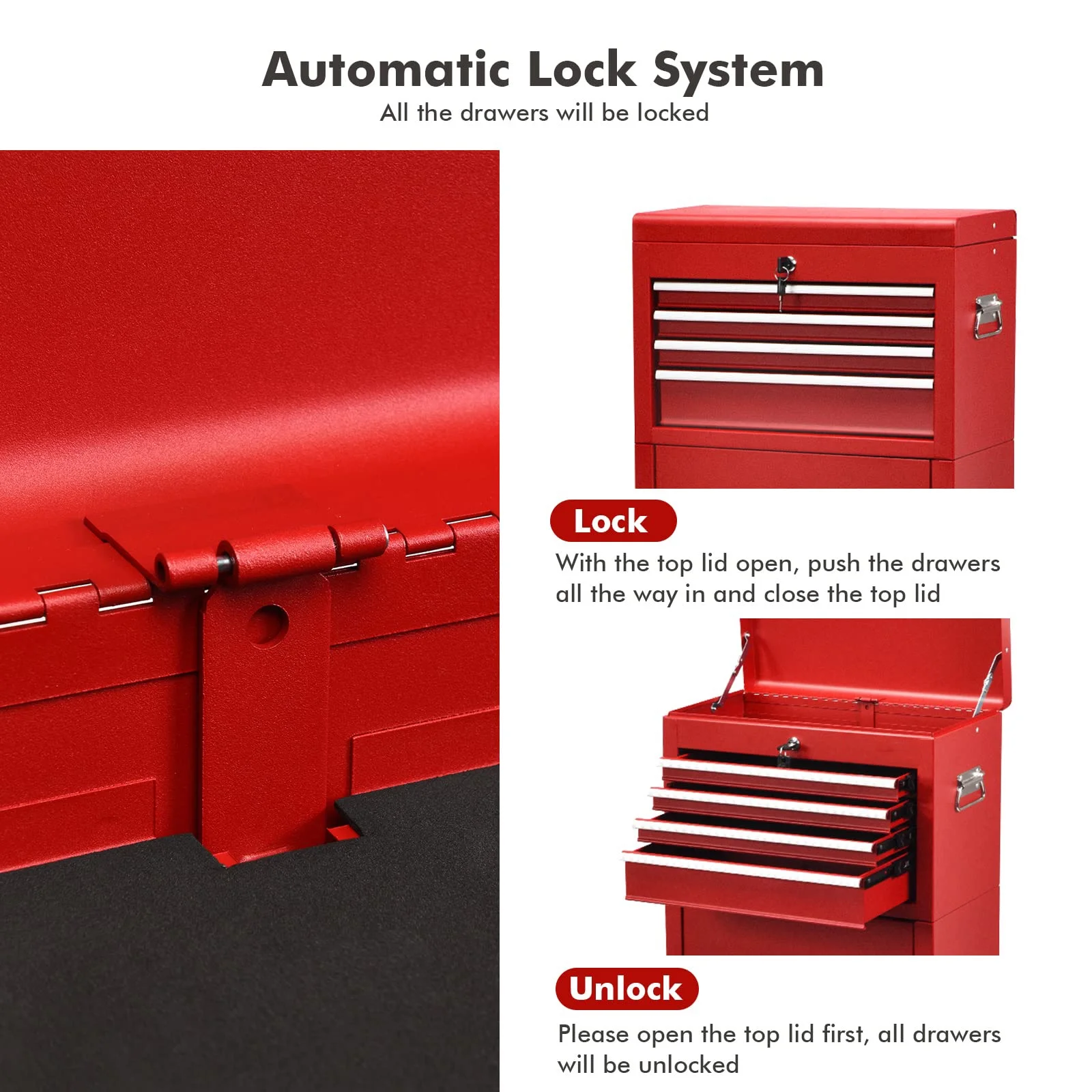 NIGSQJB 3-In-1 Tool Chest on Wheels with 6 Drawers, 52"H Tool Storage Cabinet with Auto Locking System,Detachable Top,Tool Box Organizer for Garage,Workshop,Repair Shop,DIY, Red - Image 6
