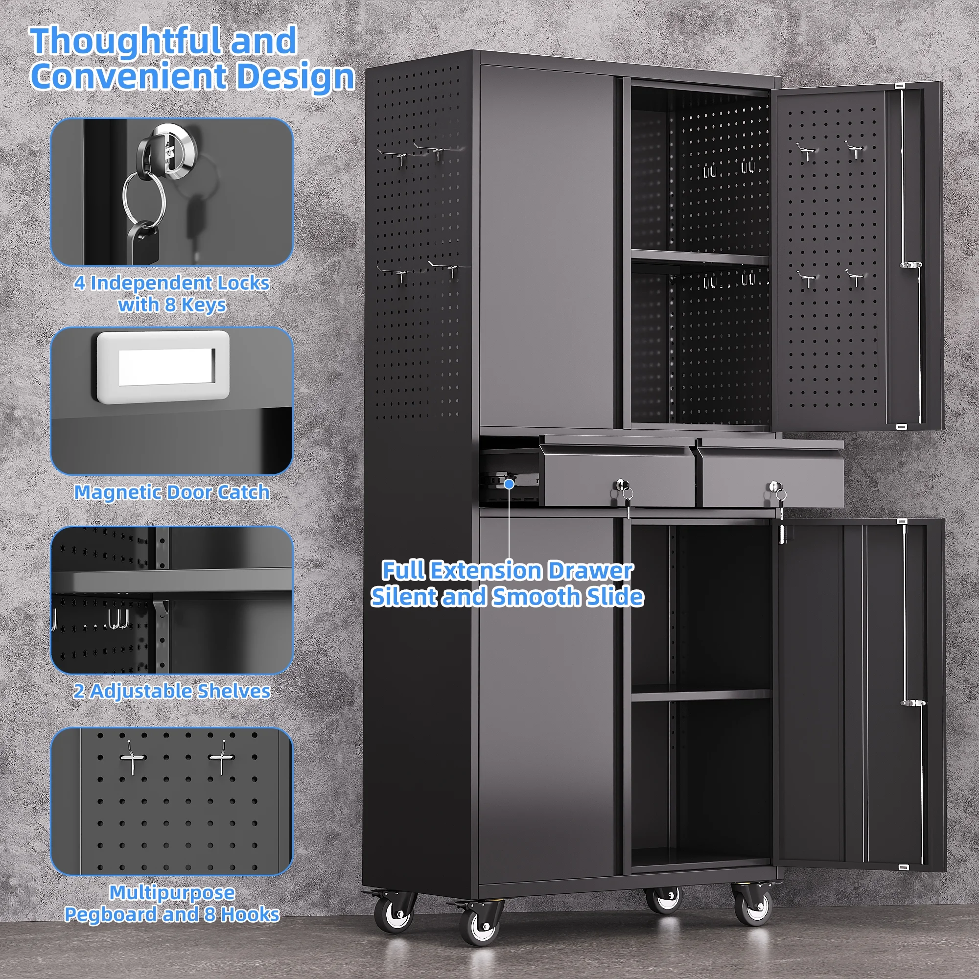 GangMei 71 Inches Tall Metal Garage Storage Cabinets with 5 Adjustable Shelves & Pegboards, Lockable Steel Black Storage Cabinet with Doors for Office, Home, School, Shops, Garage, Assembly required - Image 63