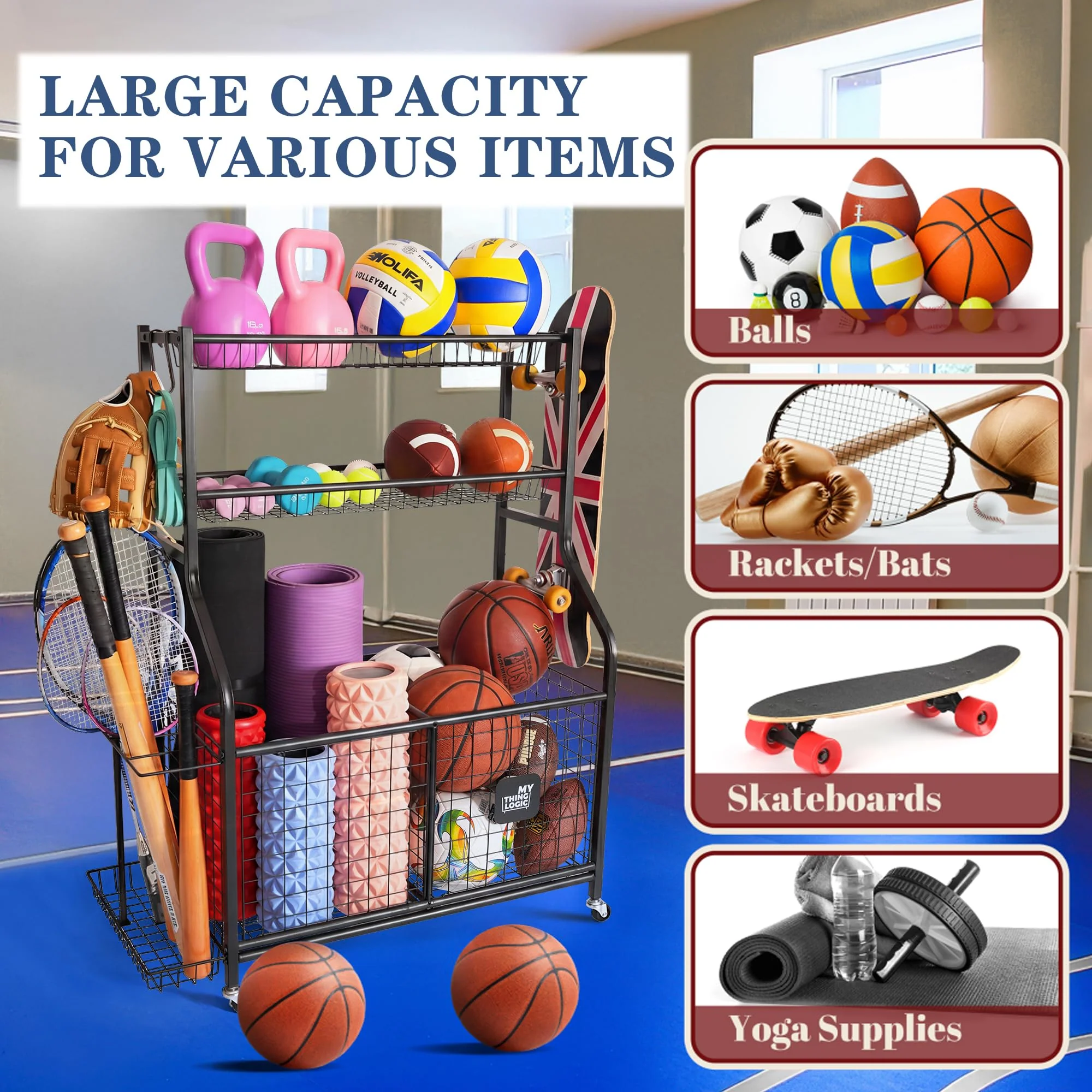 Garage Ball Storage Organizer for Sports Equipment, Sports Ball Rack for Home, Garage and Gym - Image 2