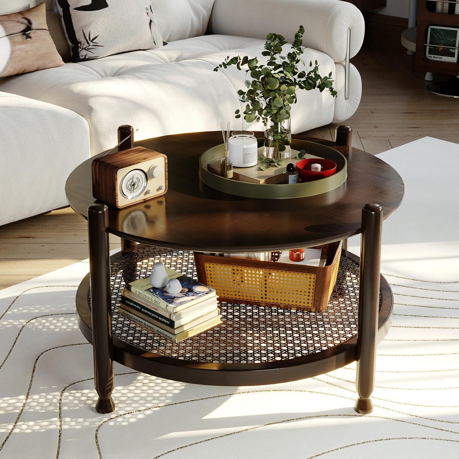 Round Coffee Table, 36" Coffee Table for Living Room, 2-Tier Rustic Wood Desktop with Storage Shelf, Modern Design Home Furniture (Light Walnut) - Image 11