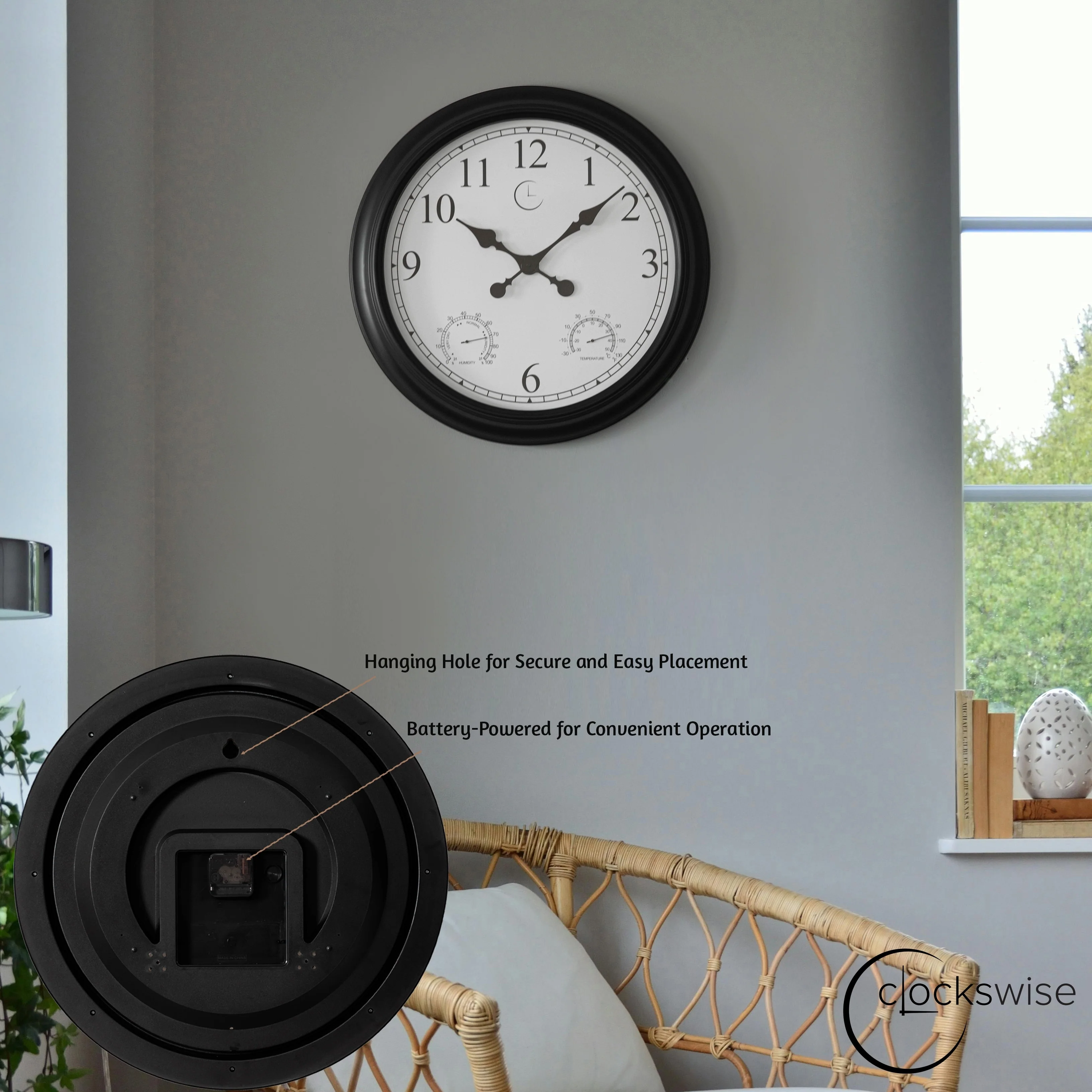 Large Outdoor Wall Clock with Thermometer, Waterproof Silent Garden Weather Station, Black - Image 26